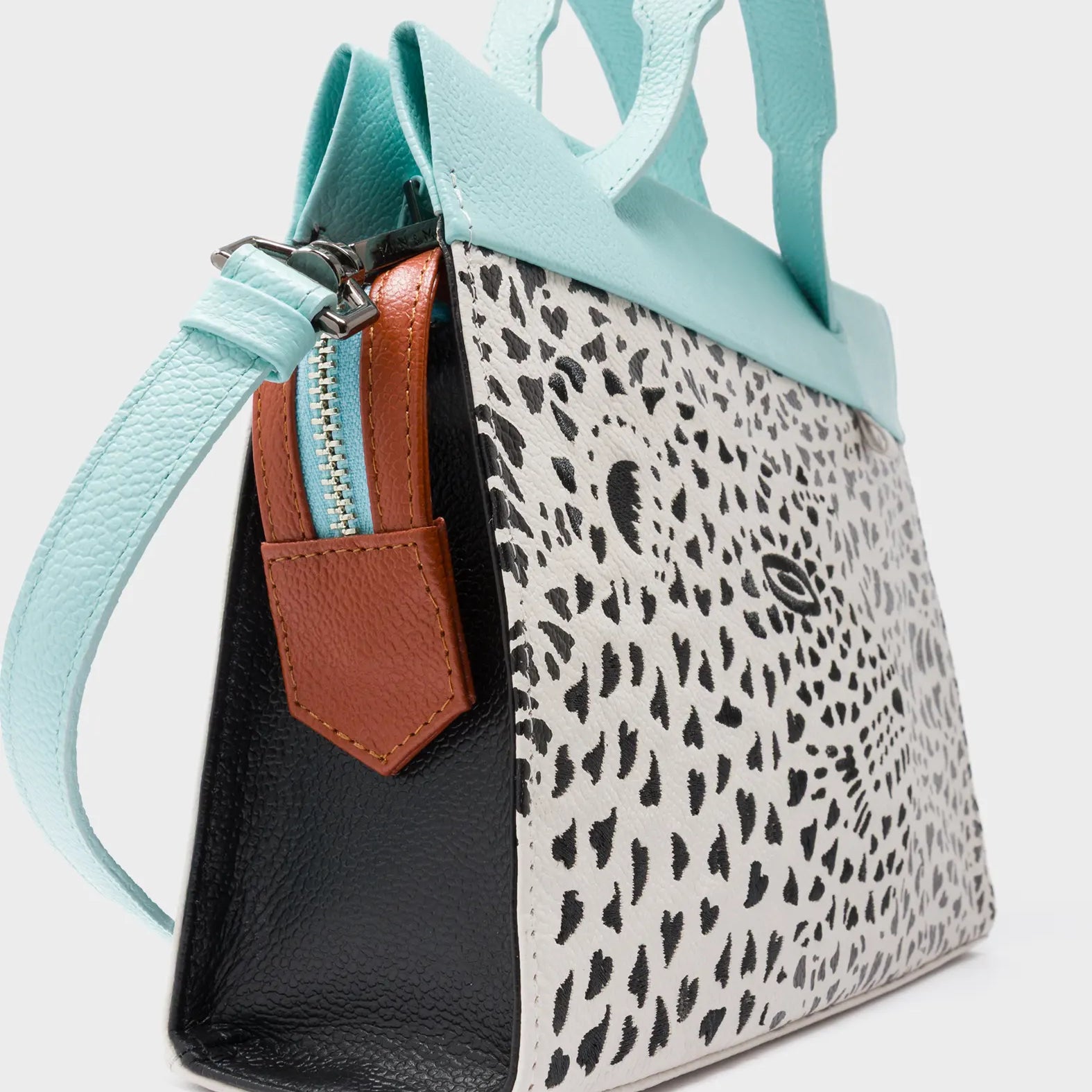 Vali Crossbody Cream Leather Bag - Happy Tiger Embroidery - Side Corner View