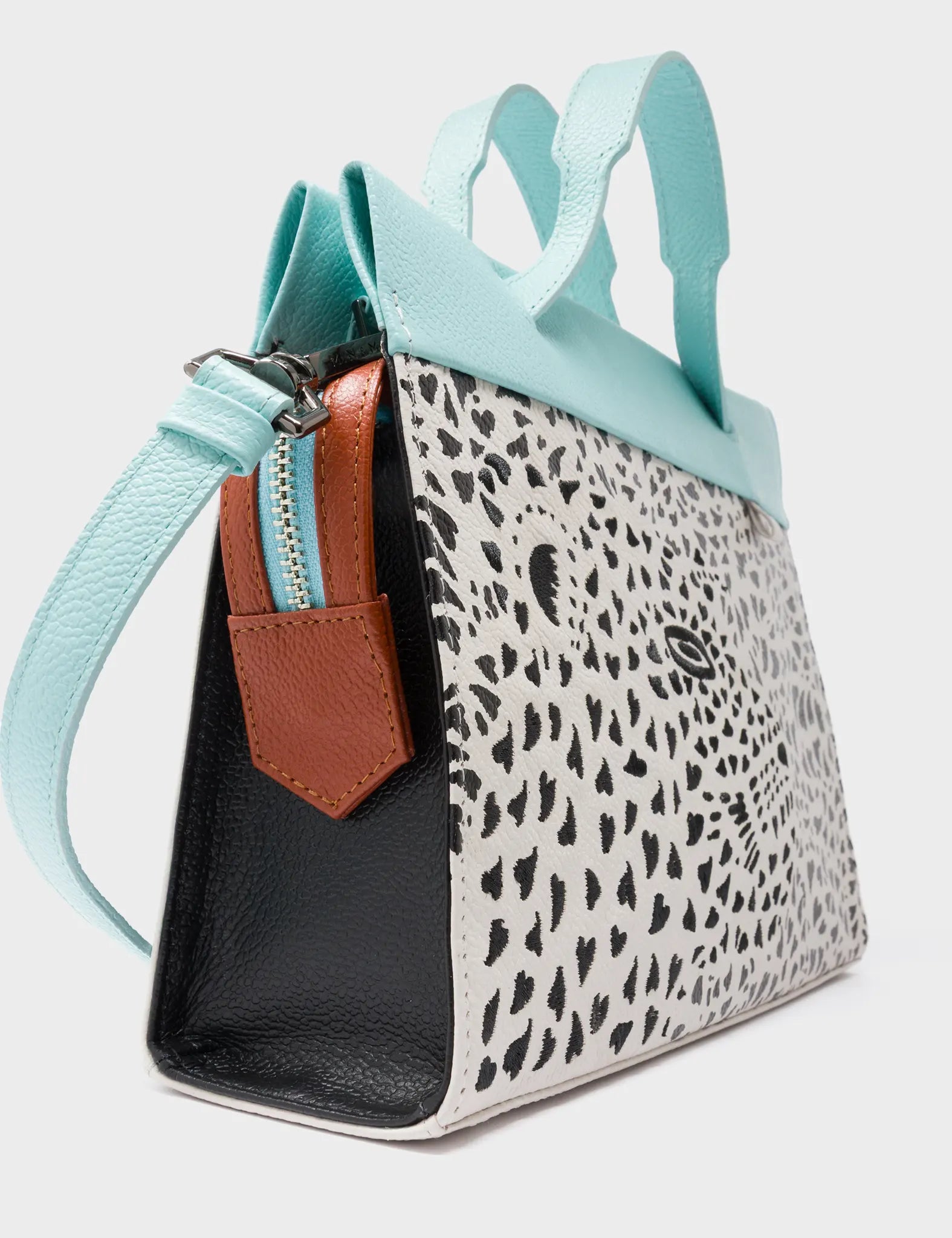 Vali Crossbody Cream Leather Bag - Happy Tiger Embroidery - Side Corner View