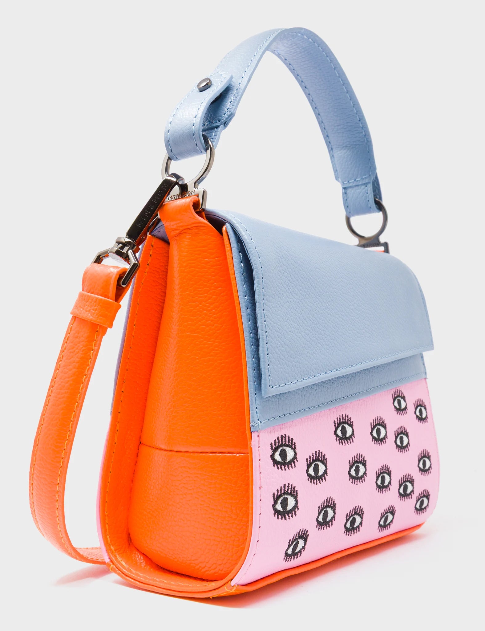 Anastasio Micro Crossbody Handbag Cerulean Blue and Soft Neon Pink Leather - All Over Eyes Embroidery - Side