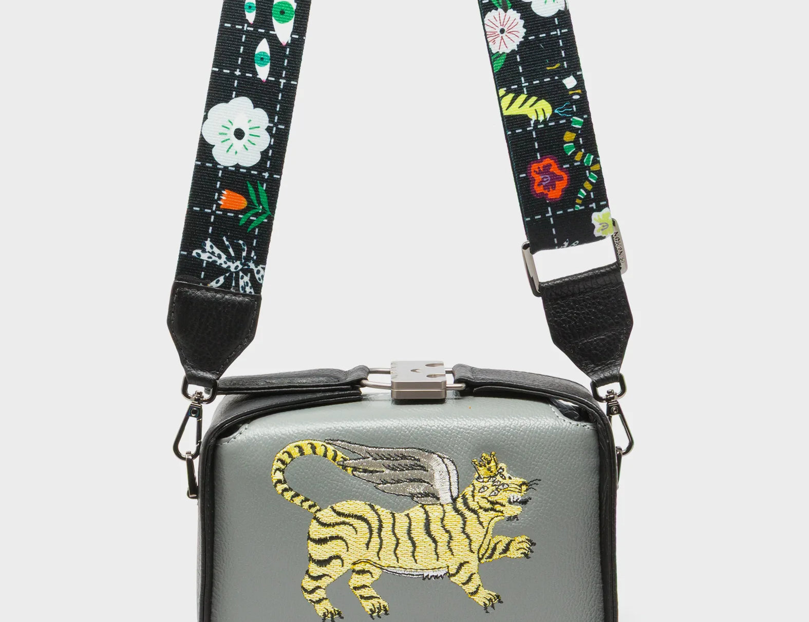 Benji Micro Crossbody Black and Gray Leather Bag - Winged Tiger Embroidery - Strap View