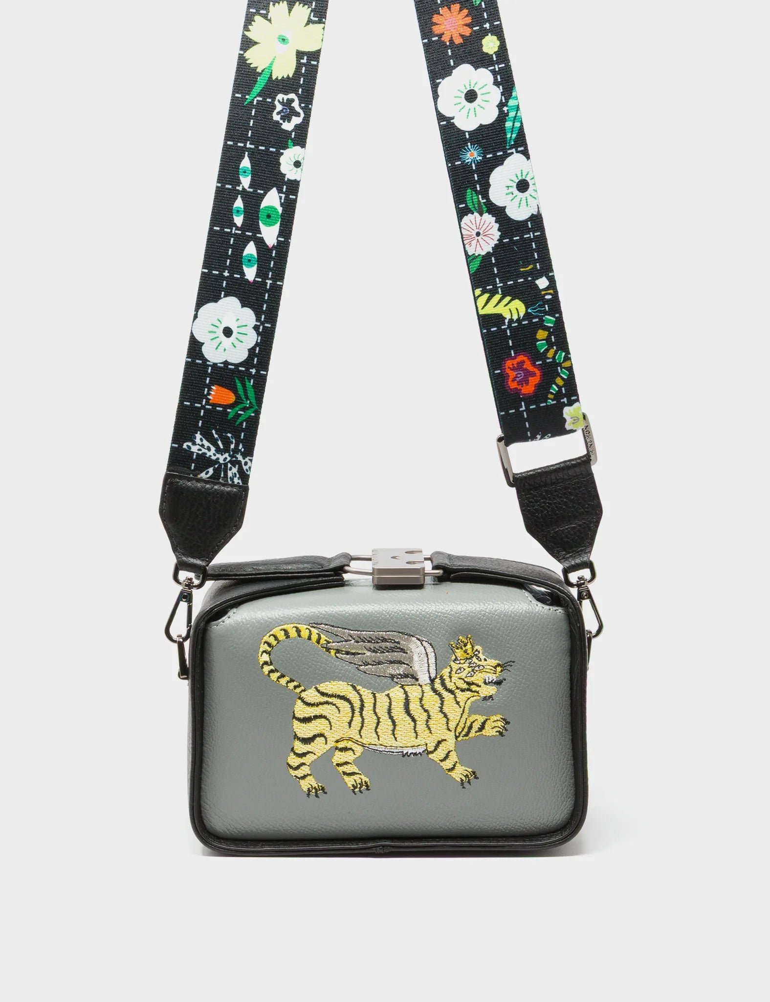 Benji Micro Crossbody Black and Gray Leather Bag - Winged Tiger Embroidery - Strap View