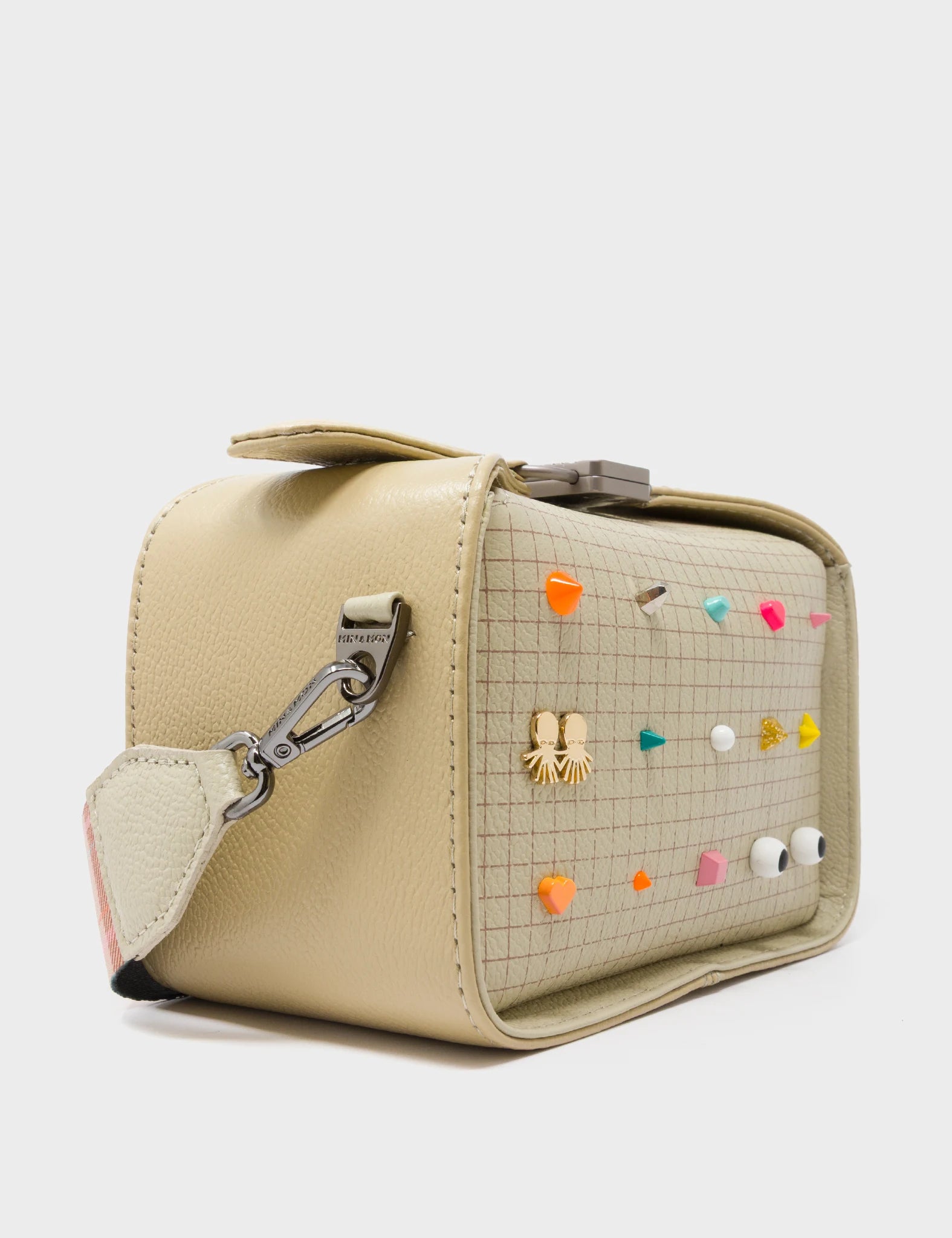 Benji Micro Crossbody Gravel Beige Leather Bag - Studs Pattern - Side