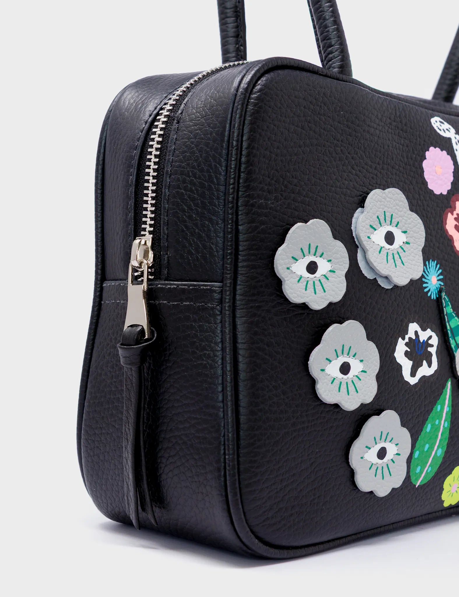 121 Shoulder Bag Black Leather - Floralia Design - Side View