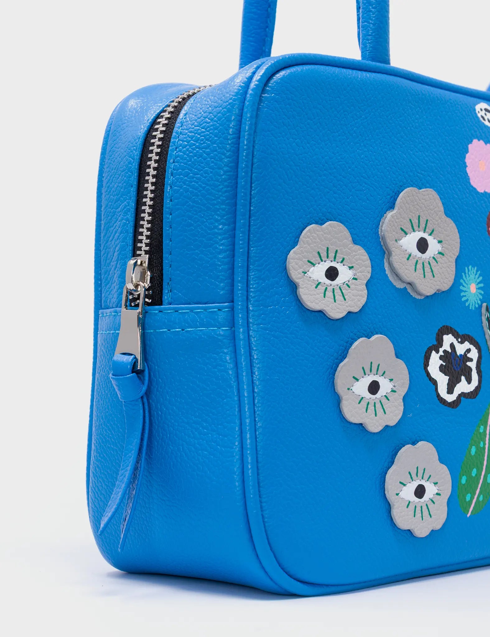 121 Shoulder Bag Ibiza Blue Leather - Floralia Design - Side Corner View