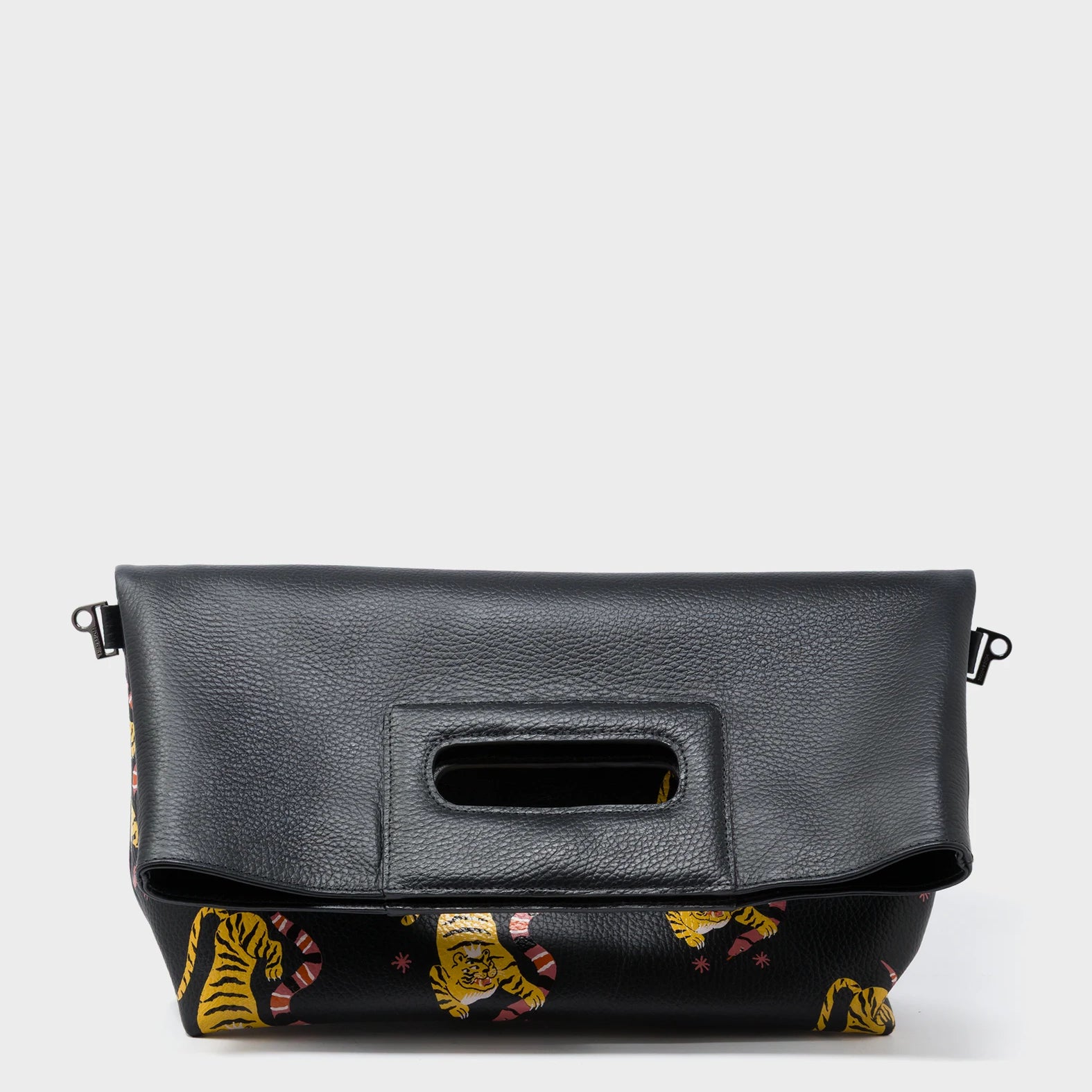 Milo Convertible Crossbody Bag - Black Leather Creatures of the Future Print - Fold Front View