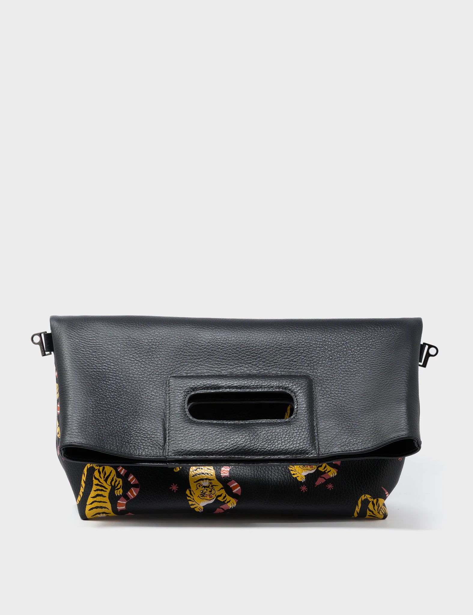 Milo Convertible Crossbody Bag - Black Leather Creatures of the Future Print - Fold Front View