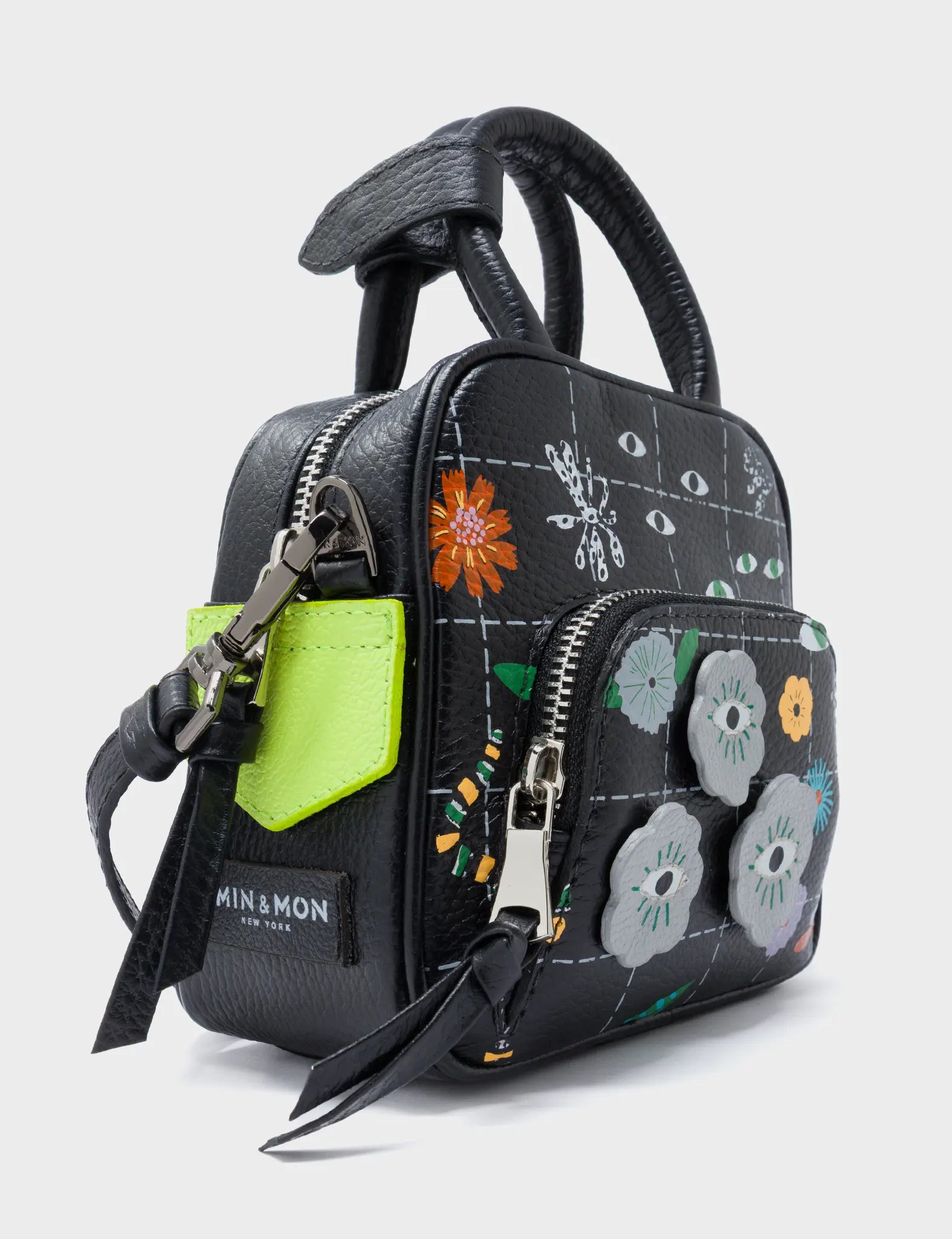 Marino Mini Crossbody Black Leather Bag - Floralia Design - Side