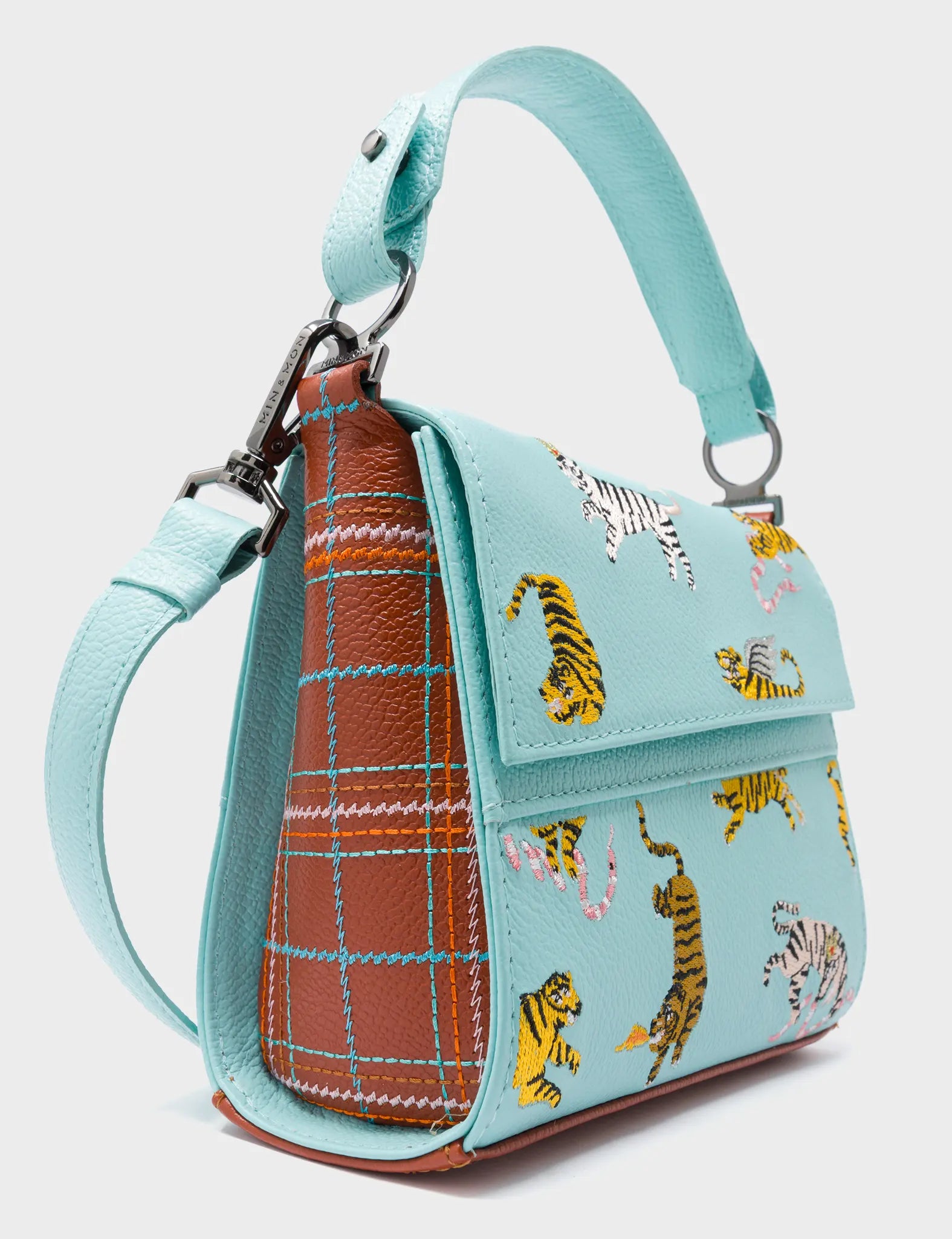 Anastasio Micro Crossbody Handbag Eggshell Blue Leather - Retro Tiger Embroidery - Side View