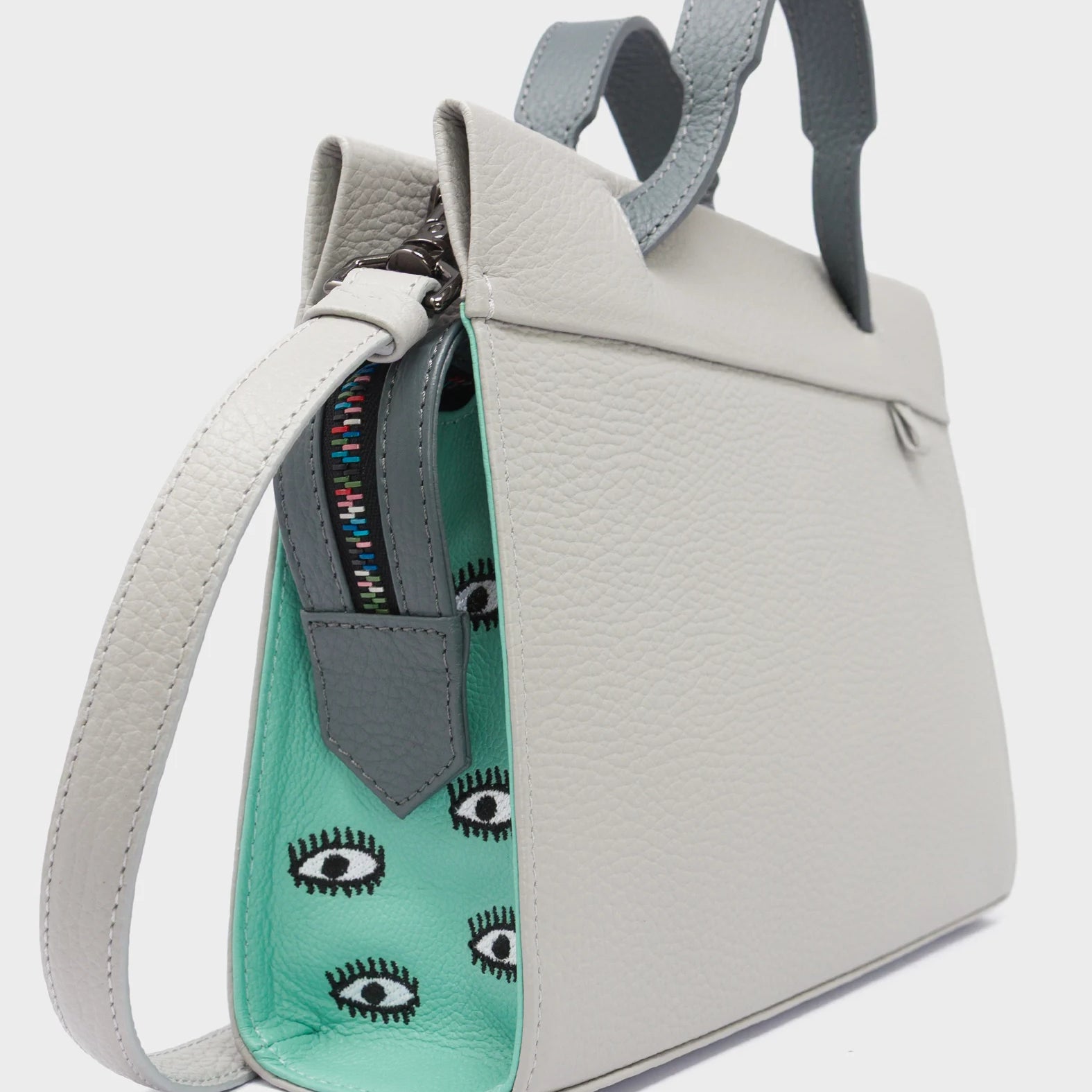 Vali Crossbody Moonwalk Gray and Oceanic Green Leather Bag - All Over Eyes Embroidery - Side Corner View
