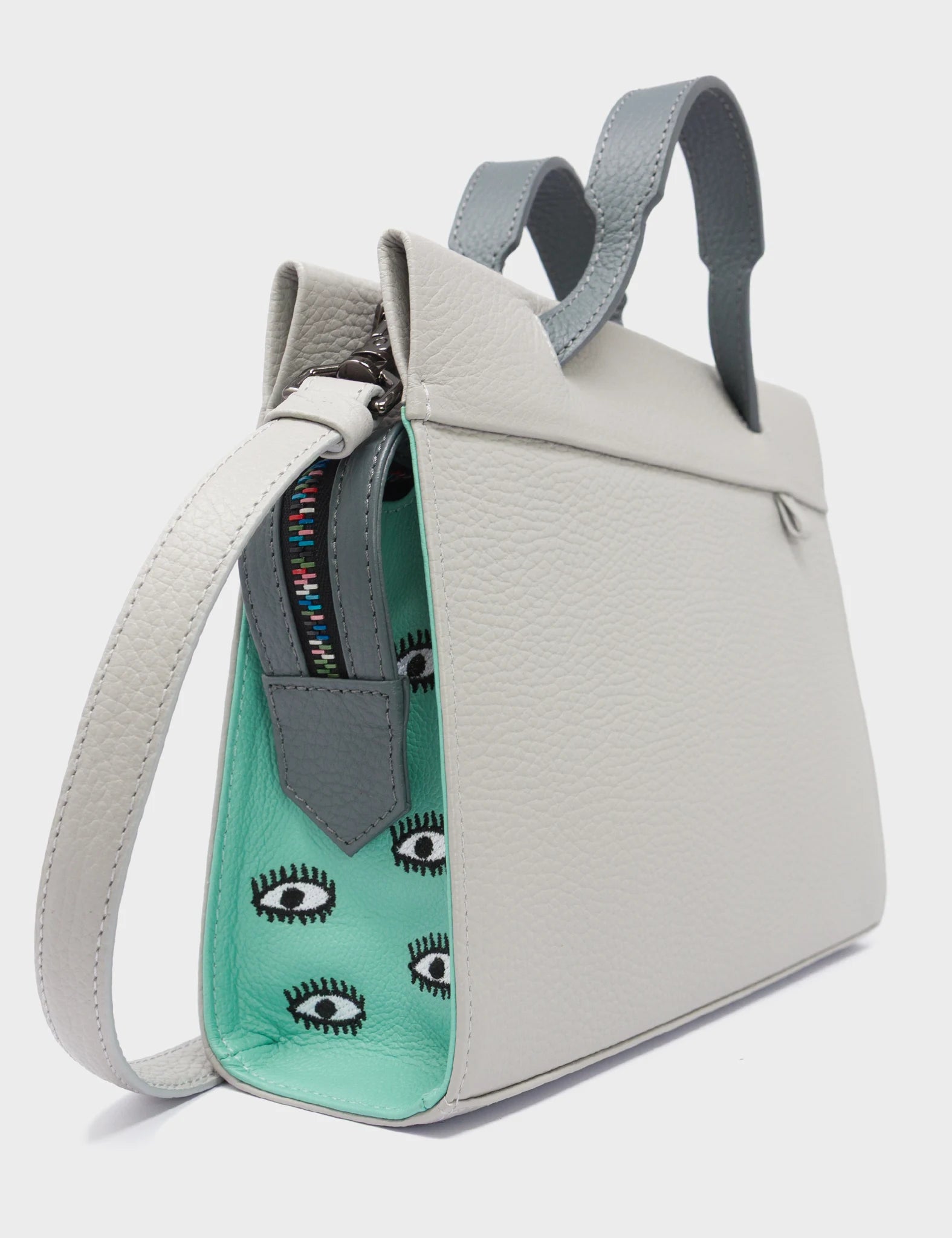 Vali Crossbody Moonwalk Gray and Oceanic Green Leather Bag - All Over Eyes Embroidery - Side Corner View