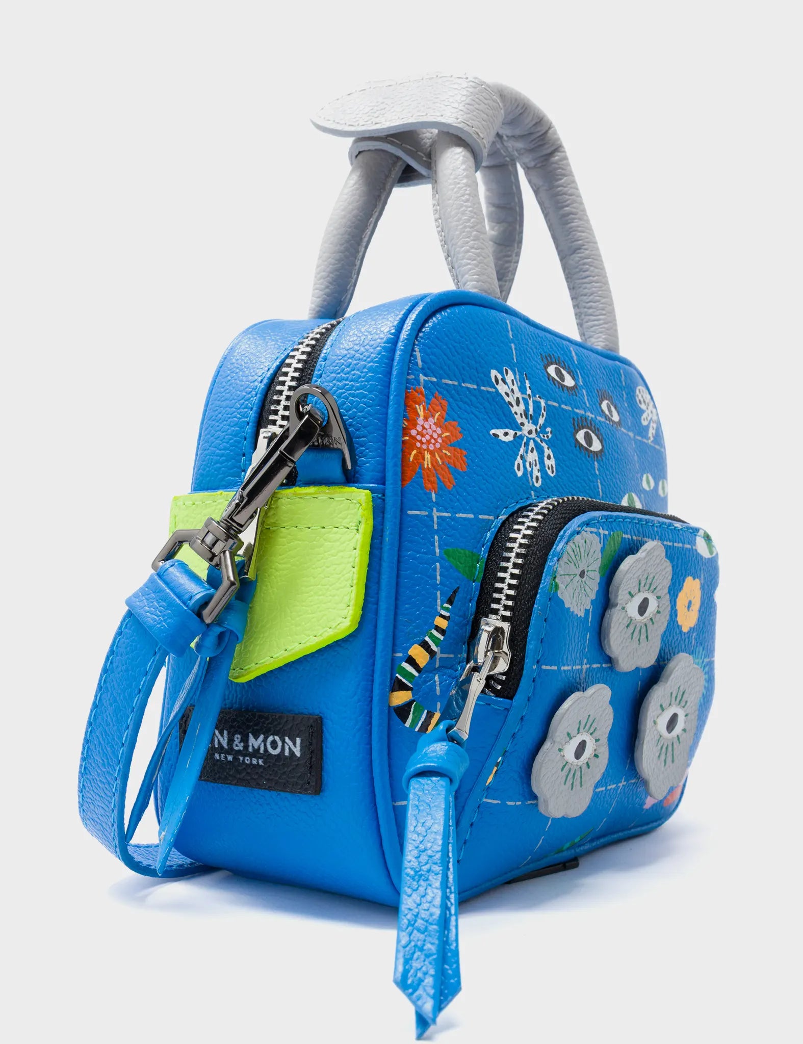 Marino Mini Crossbody Ibiza Blue Leather Bag - Floralia Design - Side Corner View