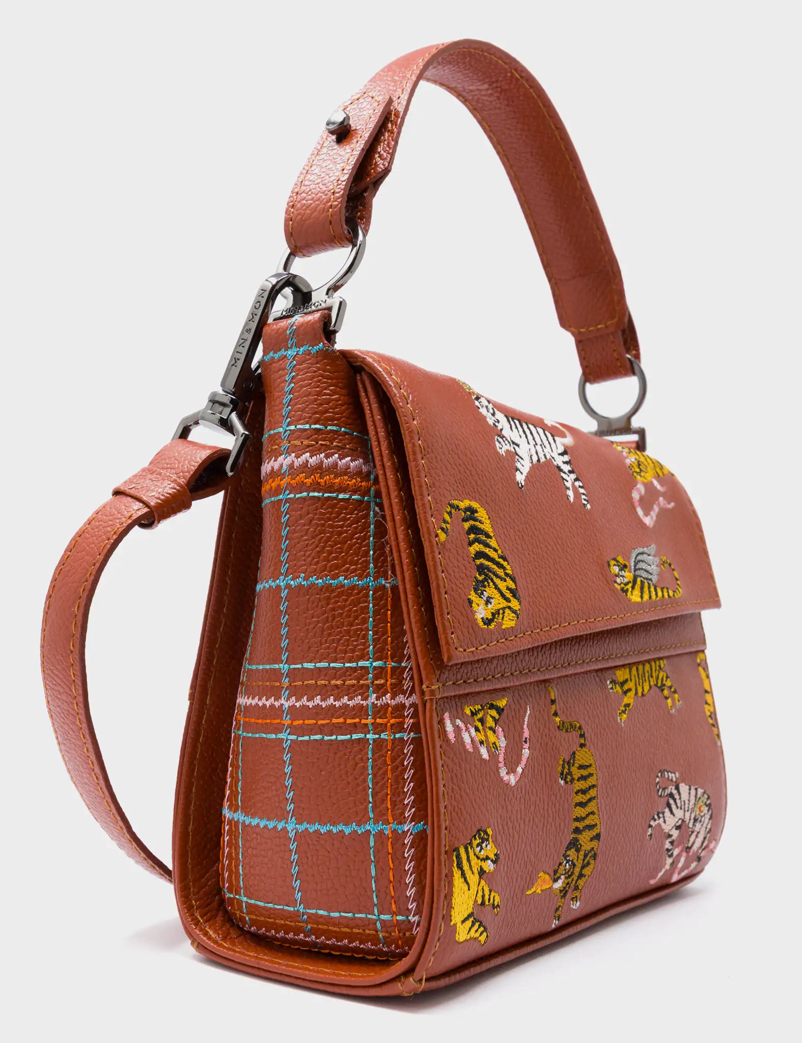 Anastasio Micro Crossbody Handbag Baked City Brown Leather - Retro Tiger Embroidery - Detail View
