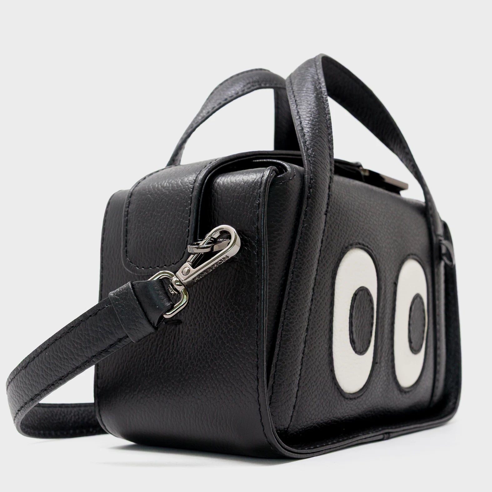 Benji Micro Crossbody Black Leather Bag - Look Up - Side View