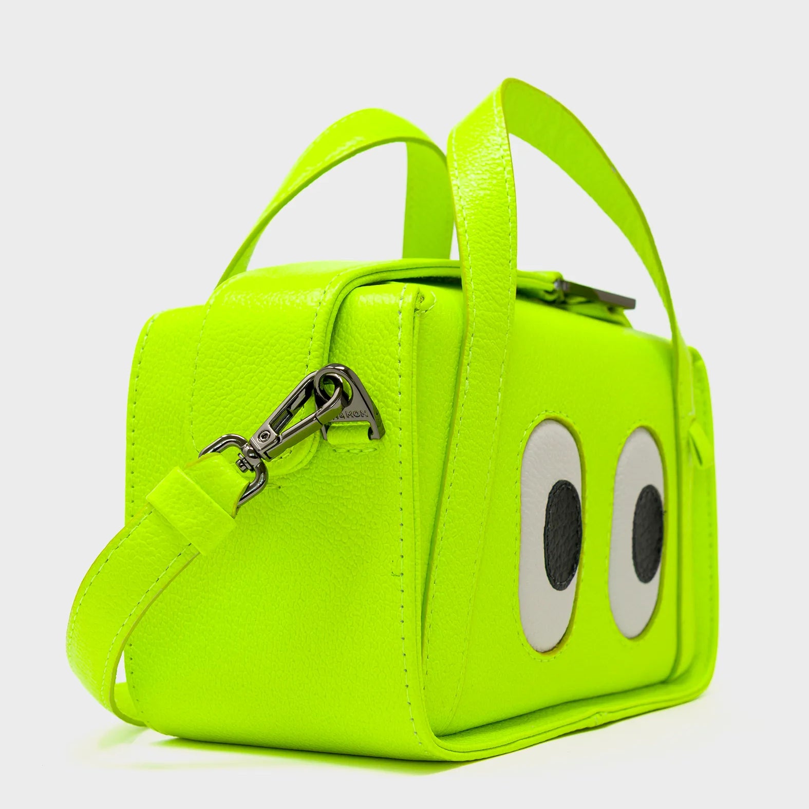 Benji Micro Crossbody Neon Lime Leather Bag - Eyes Engraved - Side View