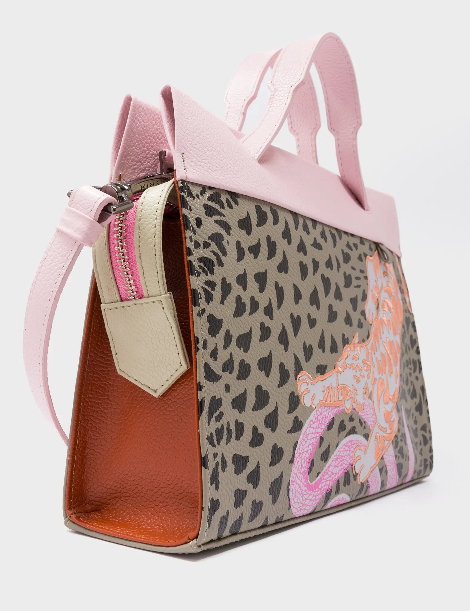 Vali Crossbody Tuffet Brown and Parfait Pink - Retro Tiger Design - Side Corner View