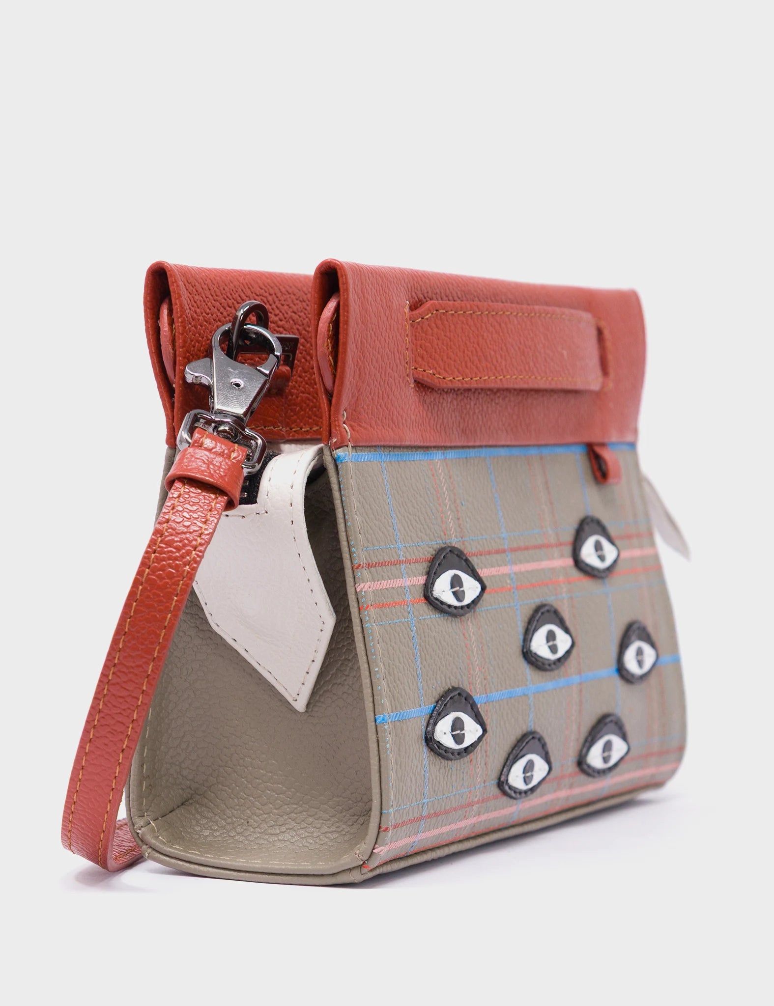 Vali Crossbody Micro Tuffet Brown Leather Bag - Eyes Applique Adjustable Handle - Side 