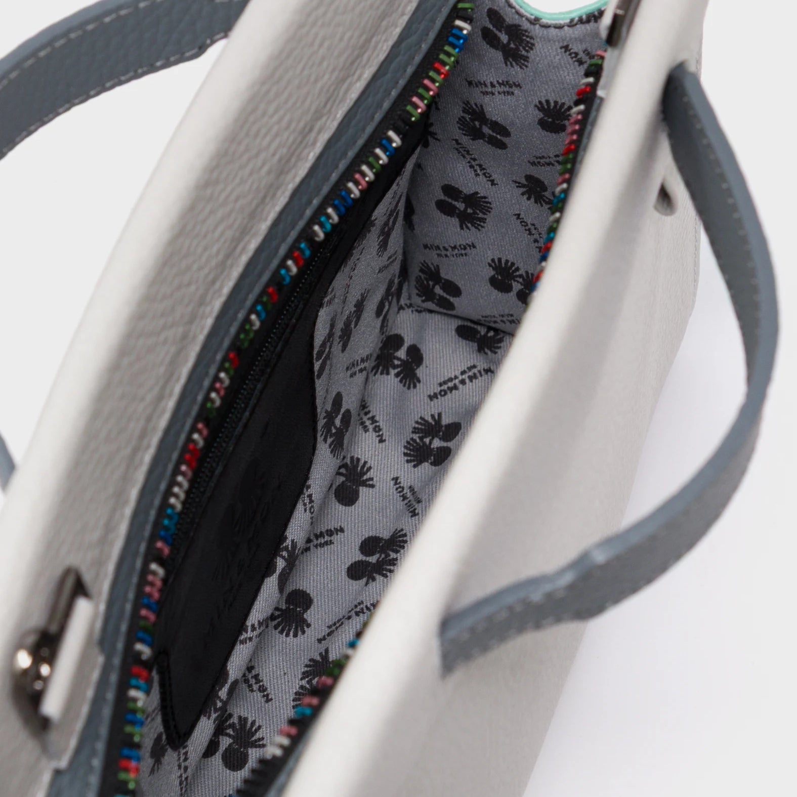 Vali Crossbody Moonwalk Gray and Oceanic Green Leather Bag - All Over Eyes Embroidery - Inside View 