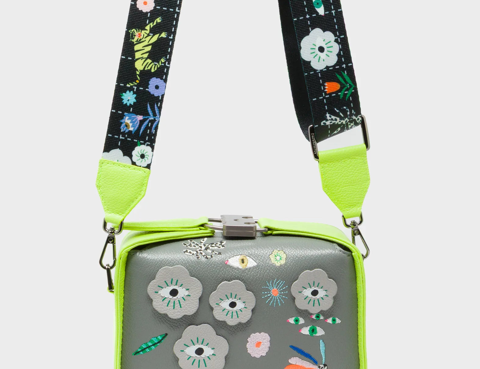 Benji Micro Crossbody Sharp Green and Gray Leather Bag - Floralia Embroidery - Strap View