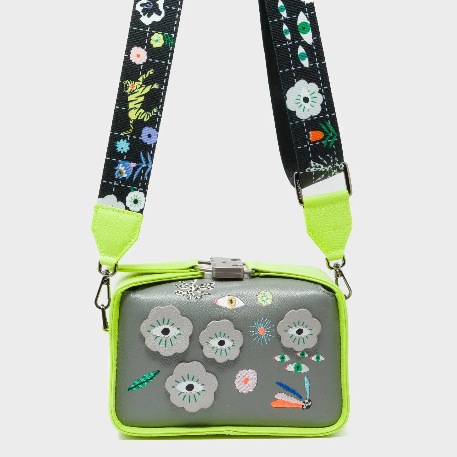 Benji Micro Crossbody Sharp Green and Gray Leather Bag - Floralia Embroidery - Strap View