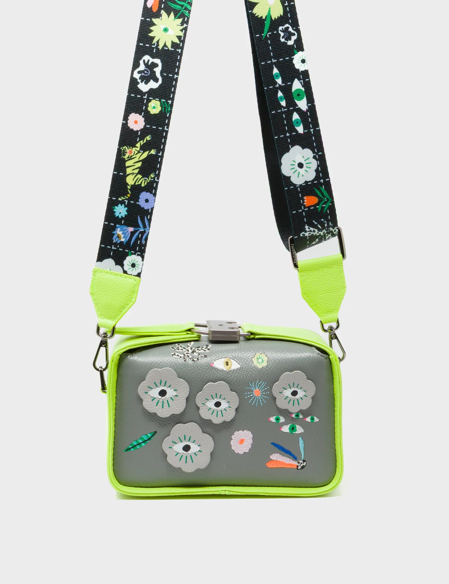 Benji Micro Crossbody Sharp Green and Gray Leather Bag - Floralia Embroidery - Strap View