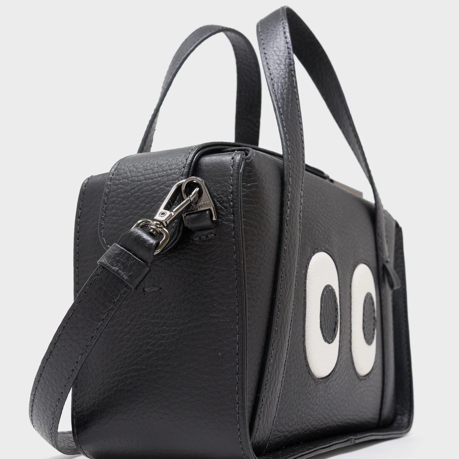 Benji Small Crossbody Black Leather Bag - Look Up - Side View