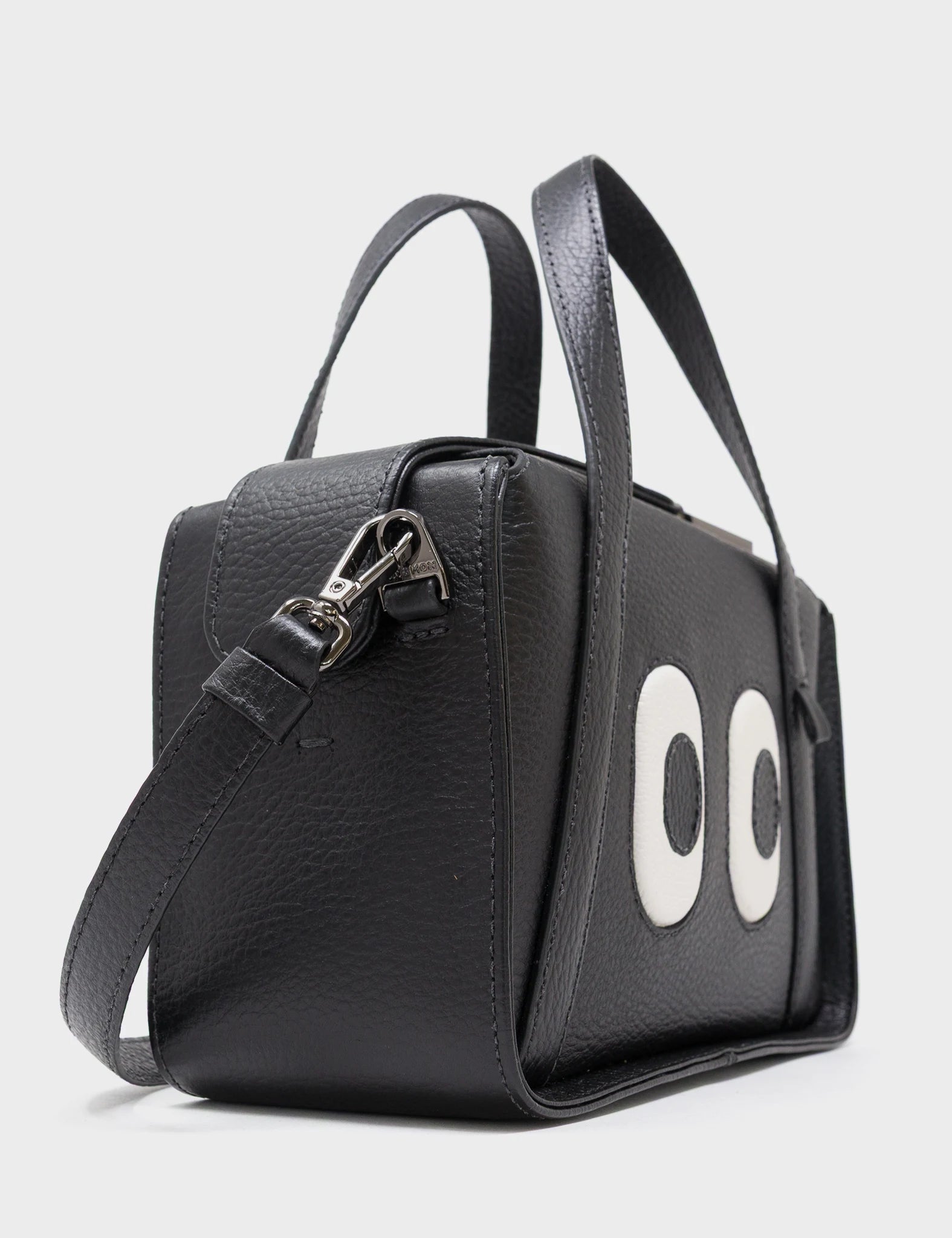 Benji Small Crossbody Black Leather Bag - Look Up - Side View