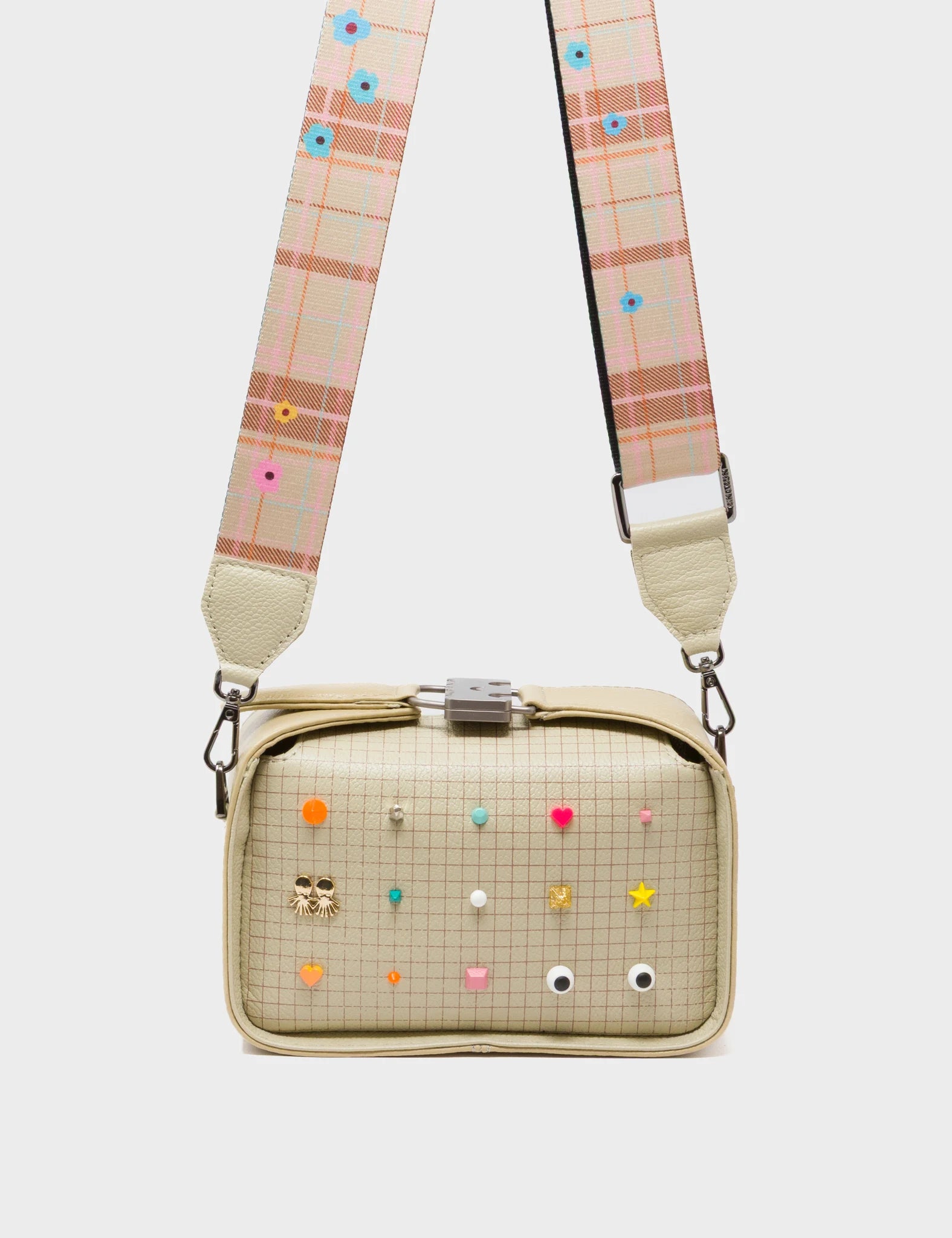 Benji Micro Crossbody Gravel Beige Leather Bag - Studs Pattern - Strap View