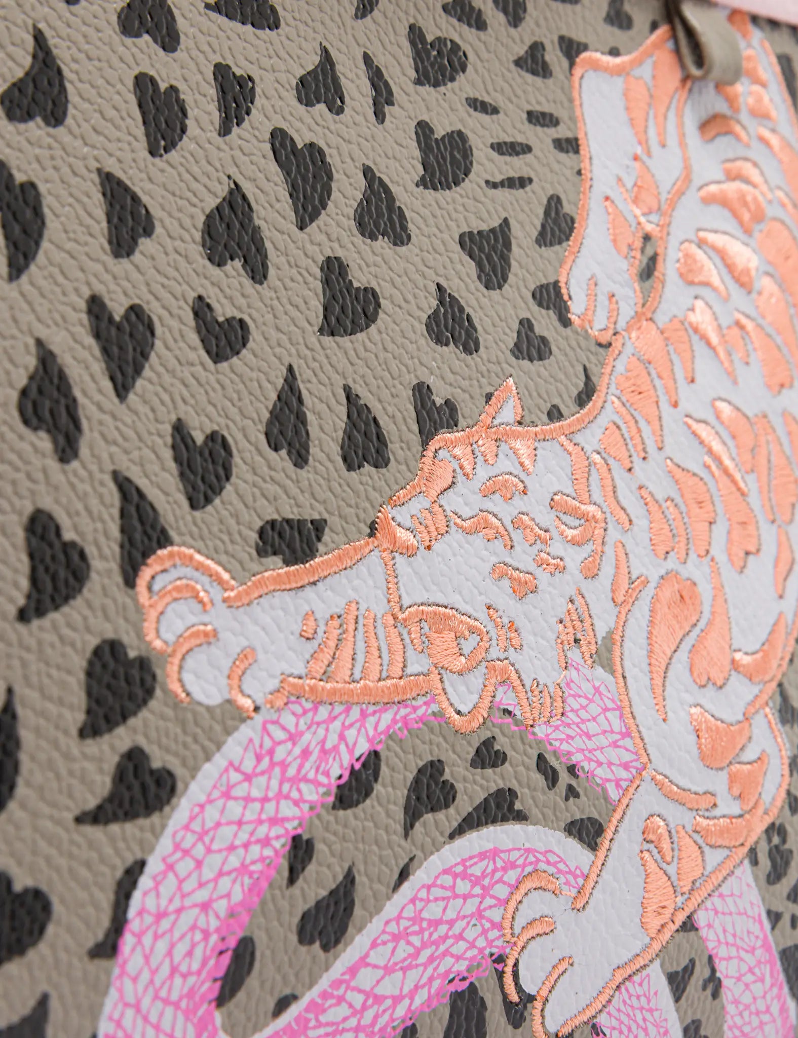 Vali Crossbody Tuffet Brown and Parfait Pink - Retro Tiger Design - Detail View