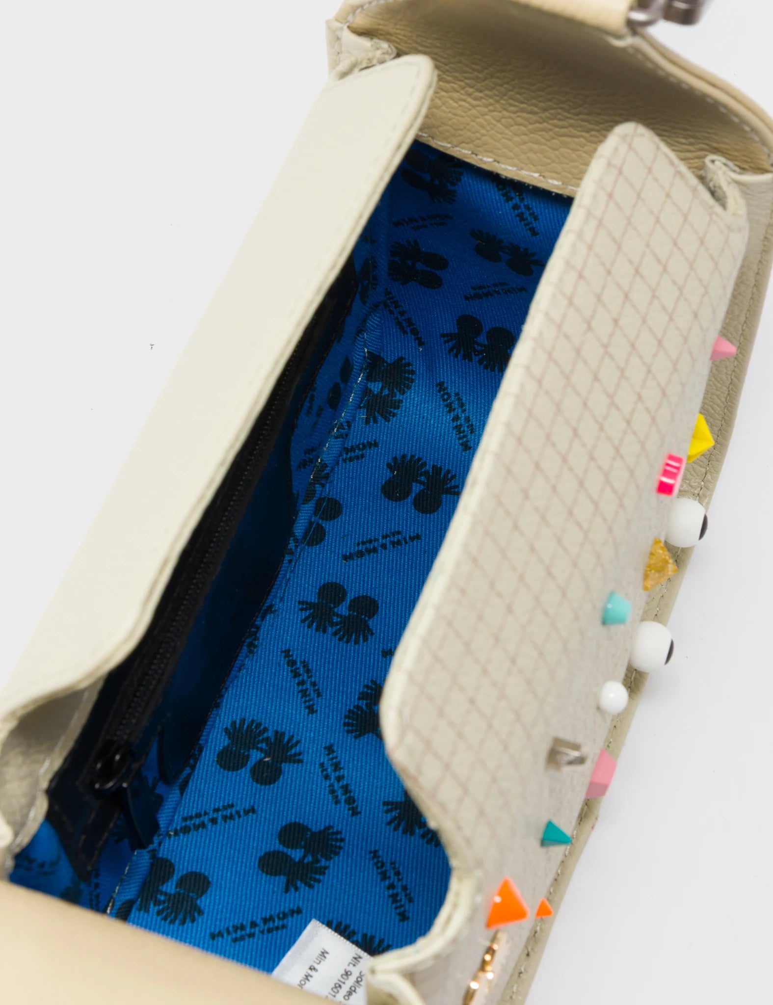 Benji Micro Crossbody Gravel Beige Leather Bag - Studs Pattern - Open