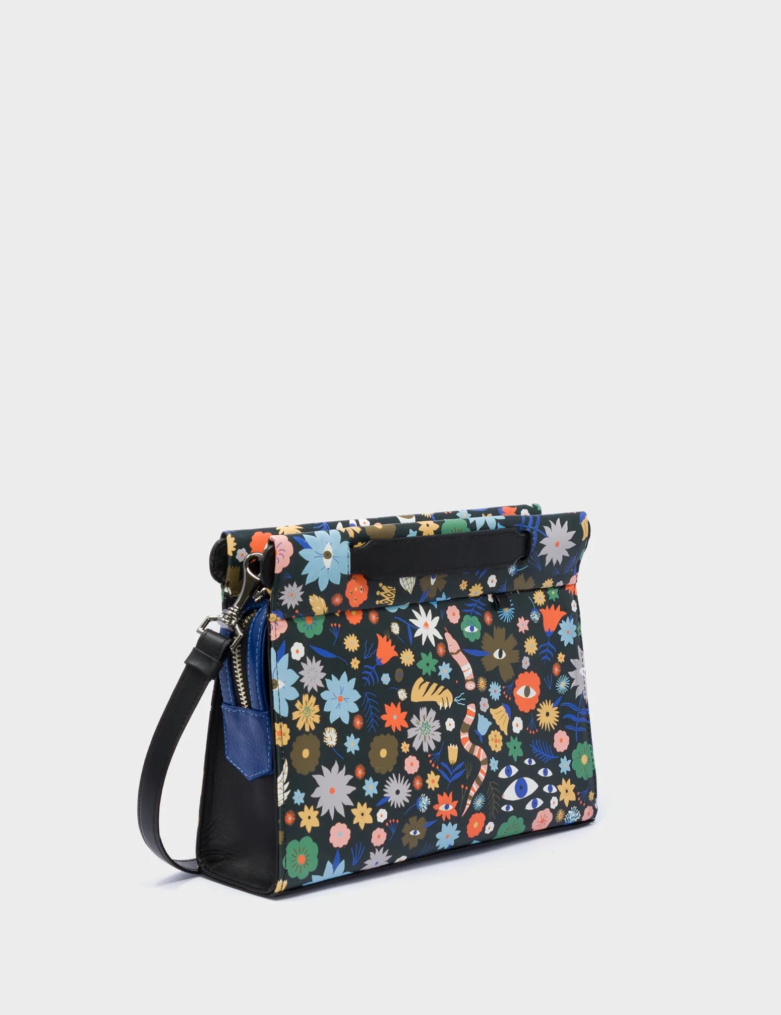 Crossbody Small Black Leather Bag - Floral Pattern Print
