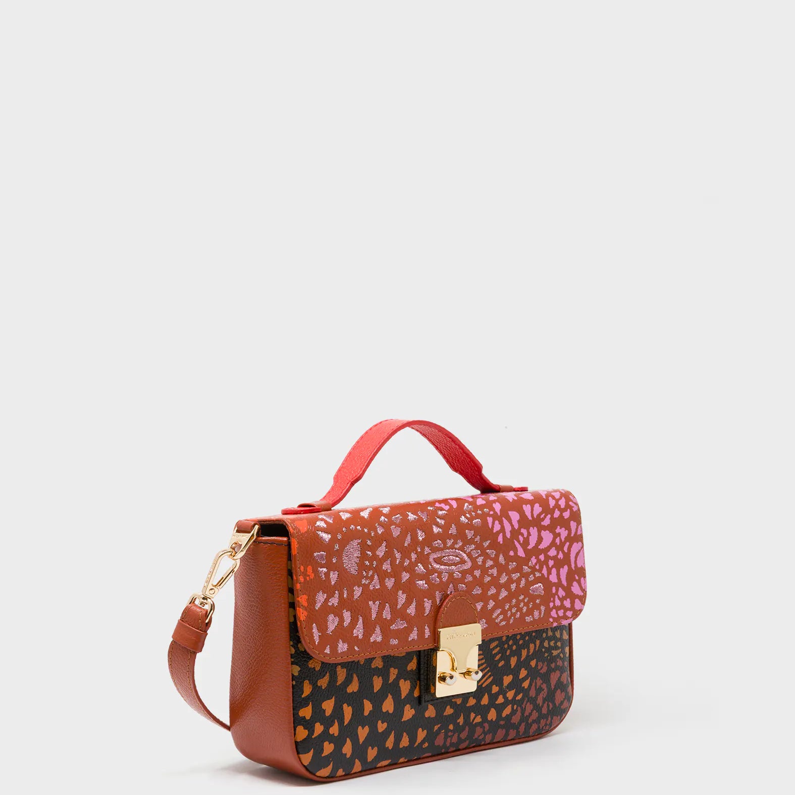 Amantis Baked City Brown Leather Crossbody Mini Handbag - Retro Tiger Design