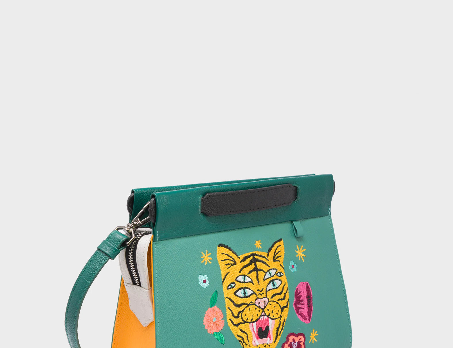 Vali Crossbody Small Deep Sea Green Leather Bag - Tiger and Flowers Embroidery - Main View