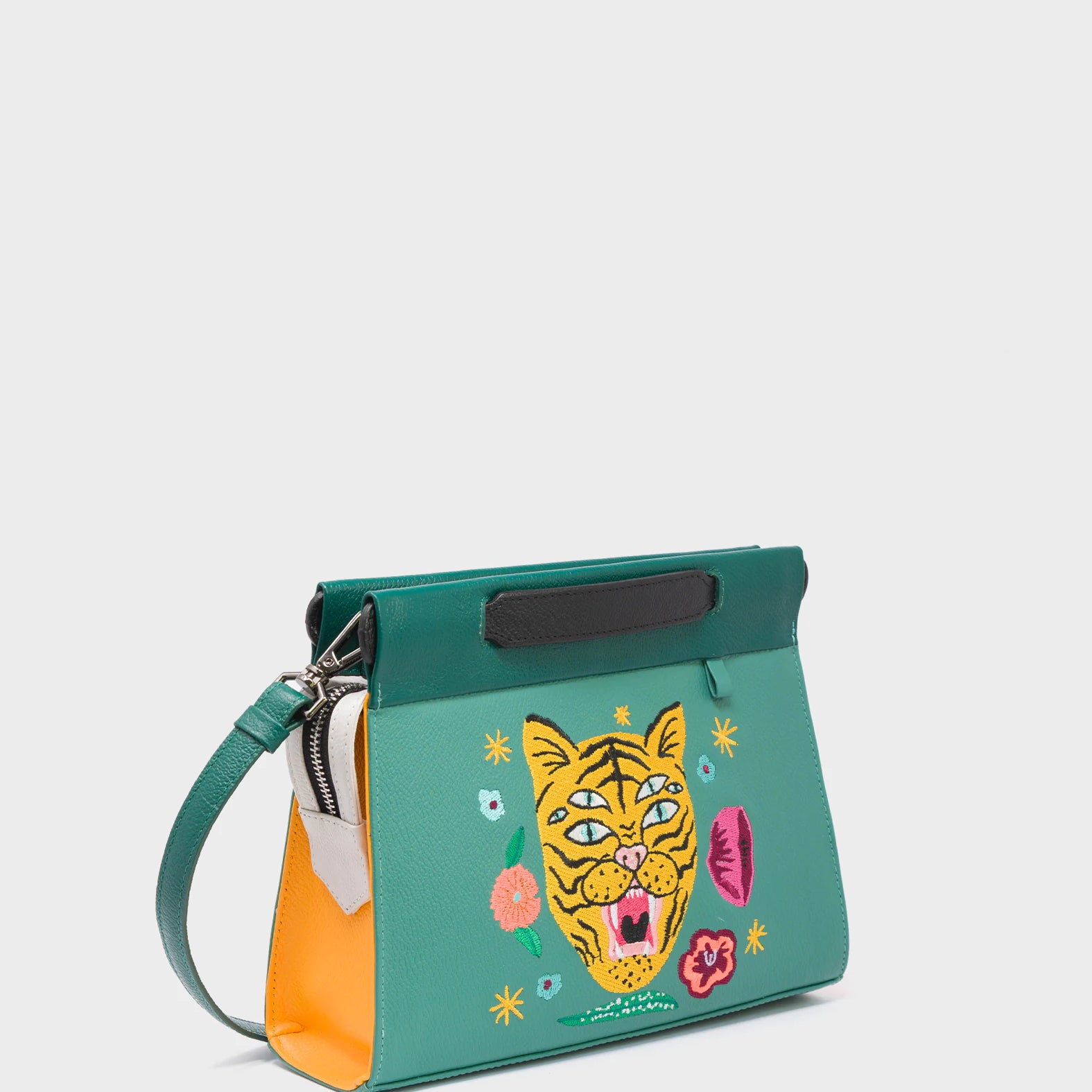 Vali Crossbody Small Deep Sea Green Leather Bag - Tiger and Flowers Embroidery - Main View