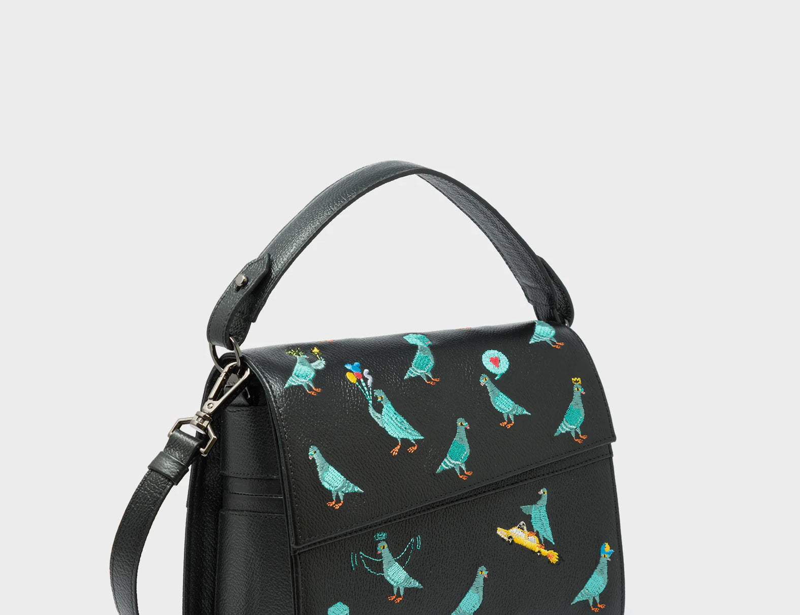 Anastasio Mini Crossbody Handbag Black Leather - Pigeonzilla Embroidery -  Main View