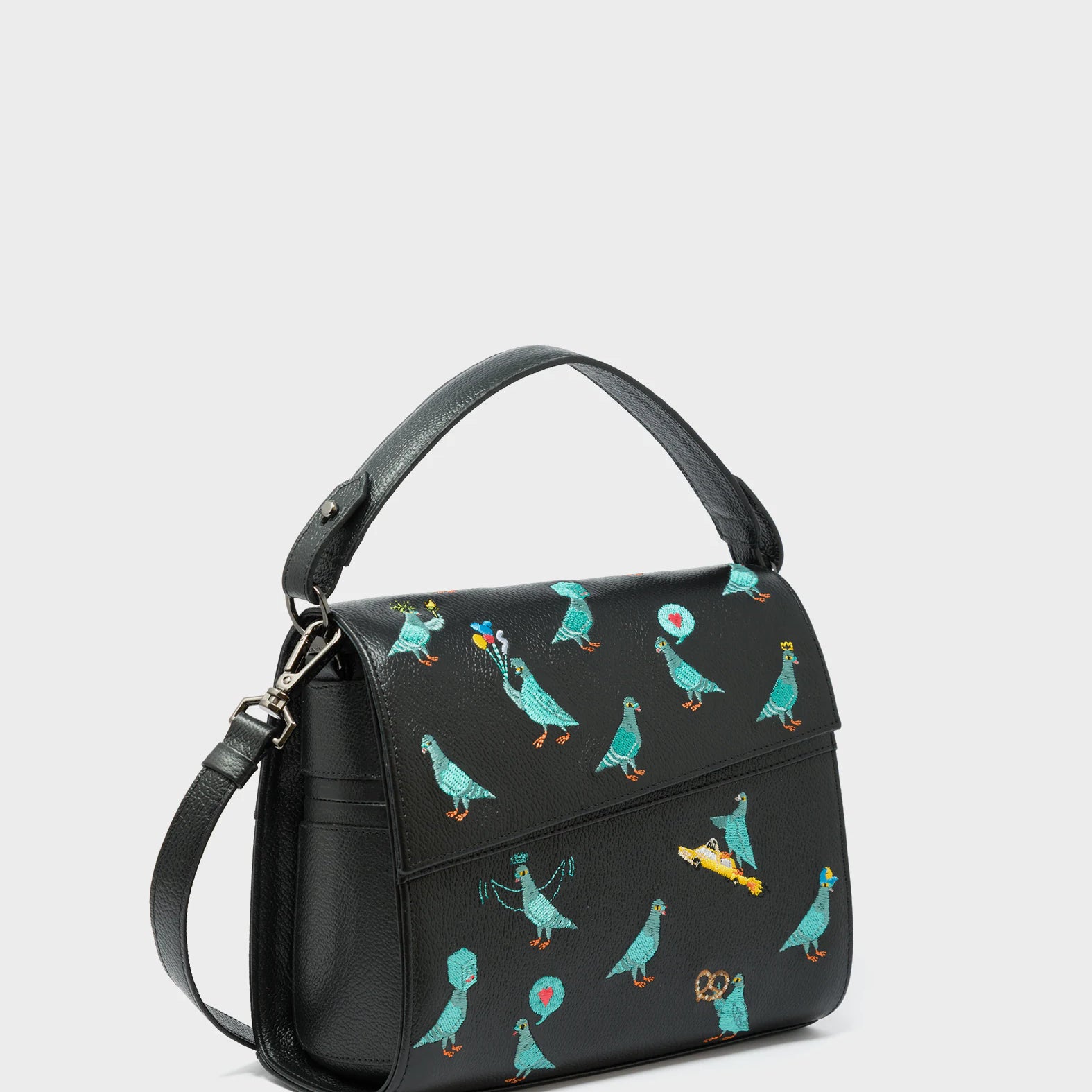 Anastasio Mini Crossbody Handbag Black Leather - Pigeonzilla Embroidery -  Main View