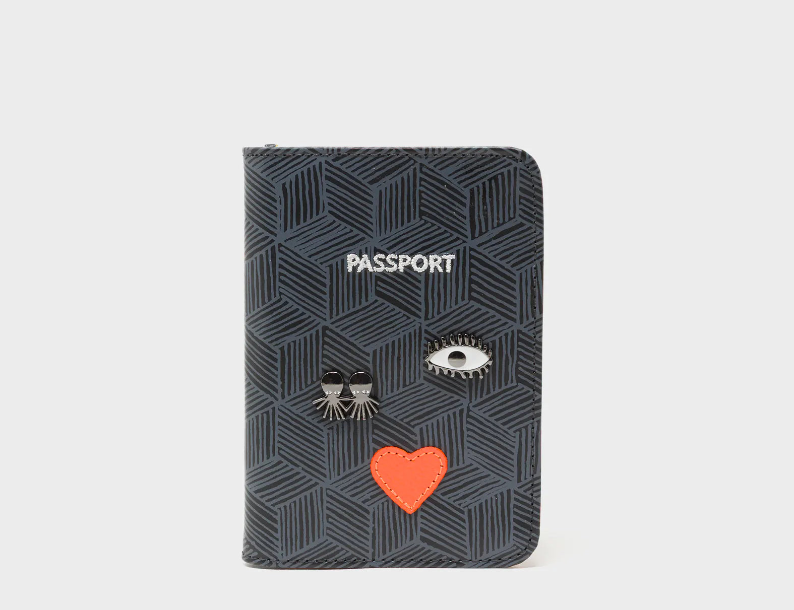Frida Black Leather Passport Cover - Cubes Design - Front View