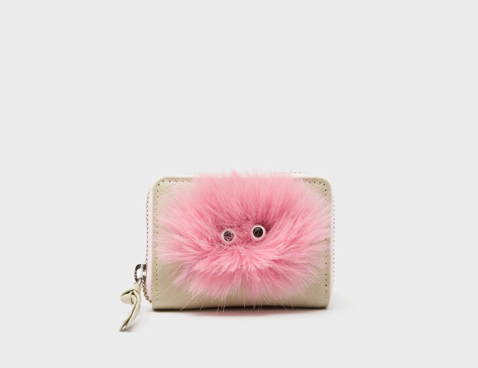 Frodo Gravel Beige Leather Zip Around Wallet - Fuzzy Monster Applique - Front