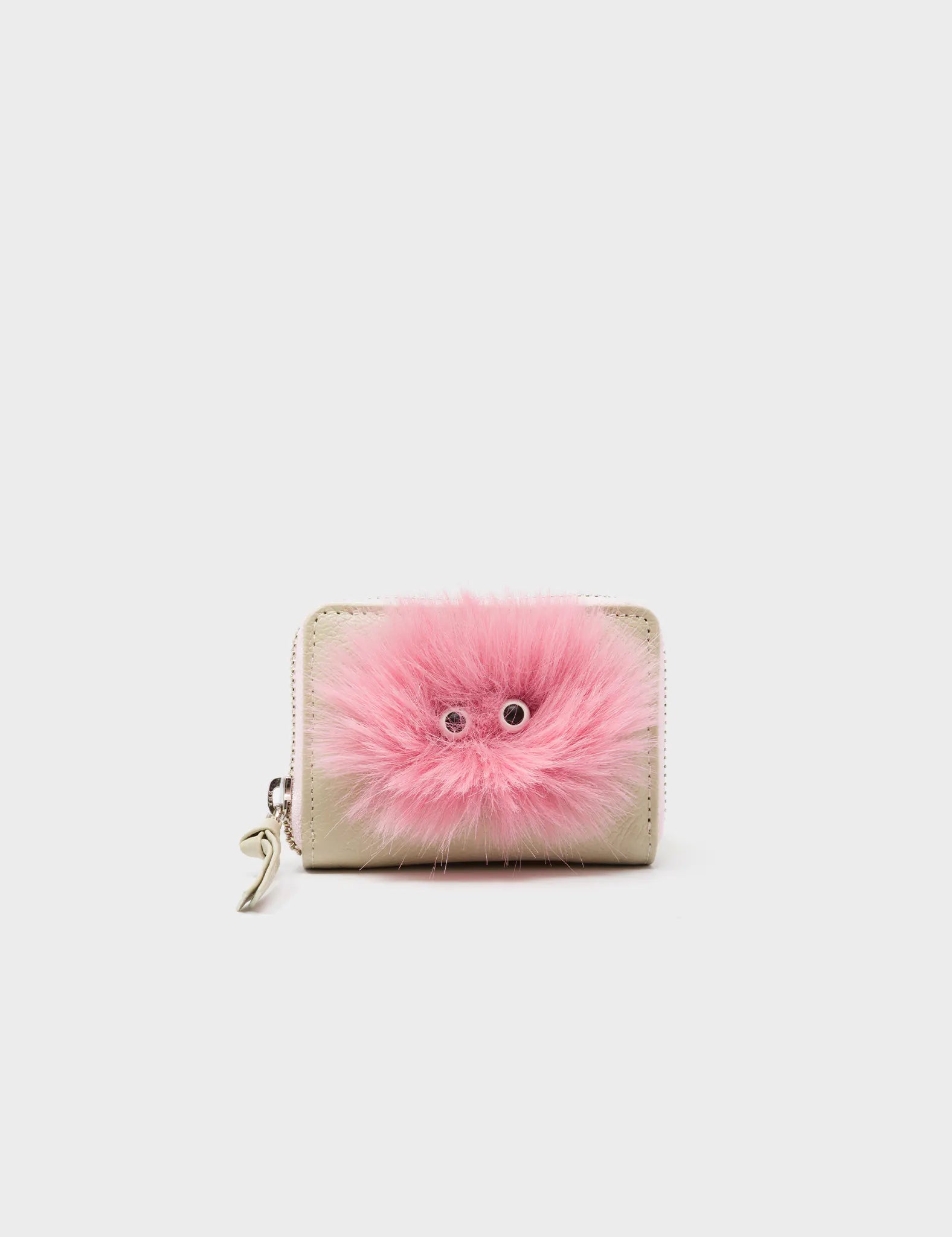 Frodo Gravel Beige Leather Zip Around Wallet - Fuzzy Monster Applique - Front