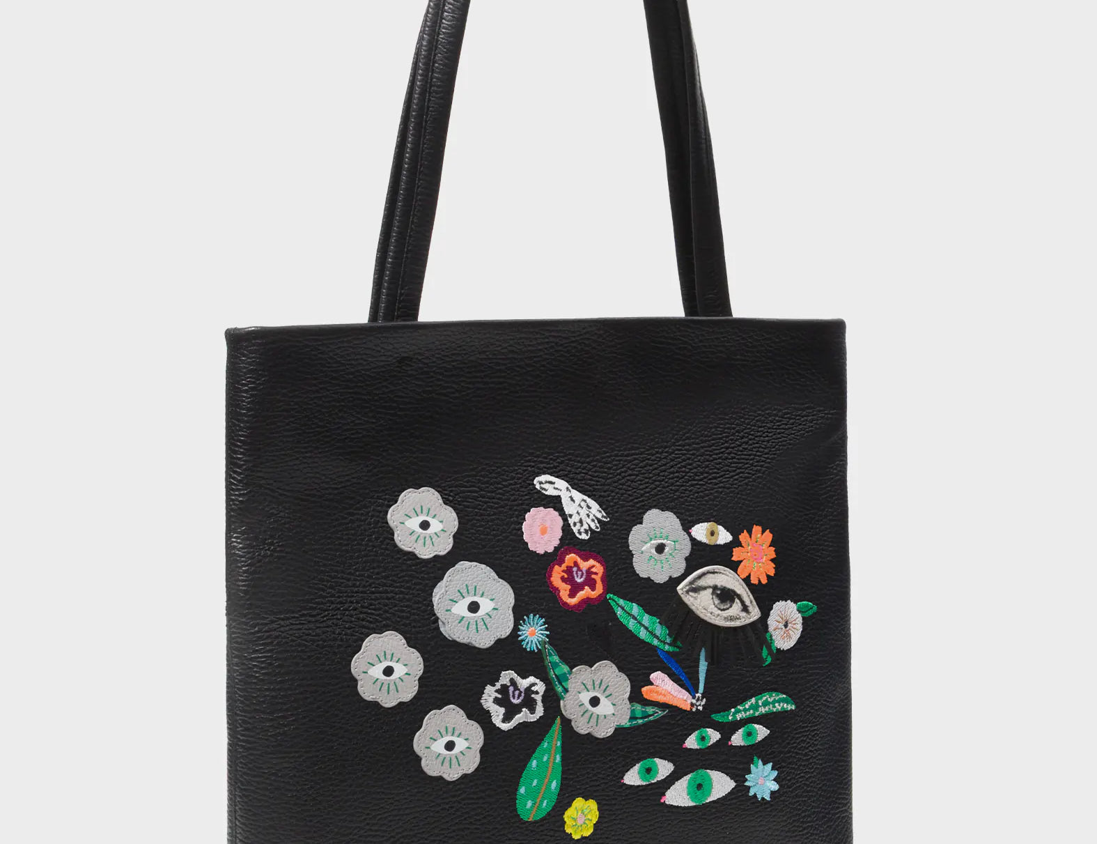 Matt Black Leather Tote Bag - Floralia Design - Main View