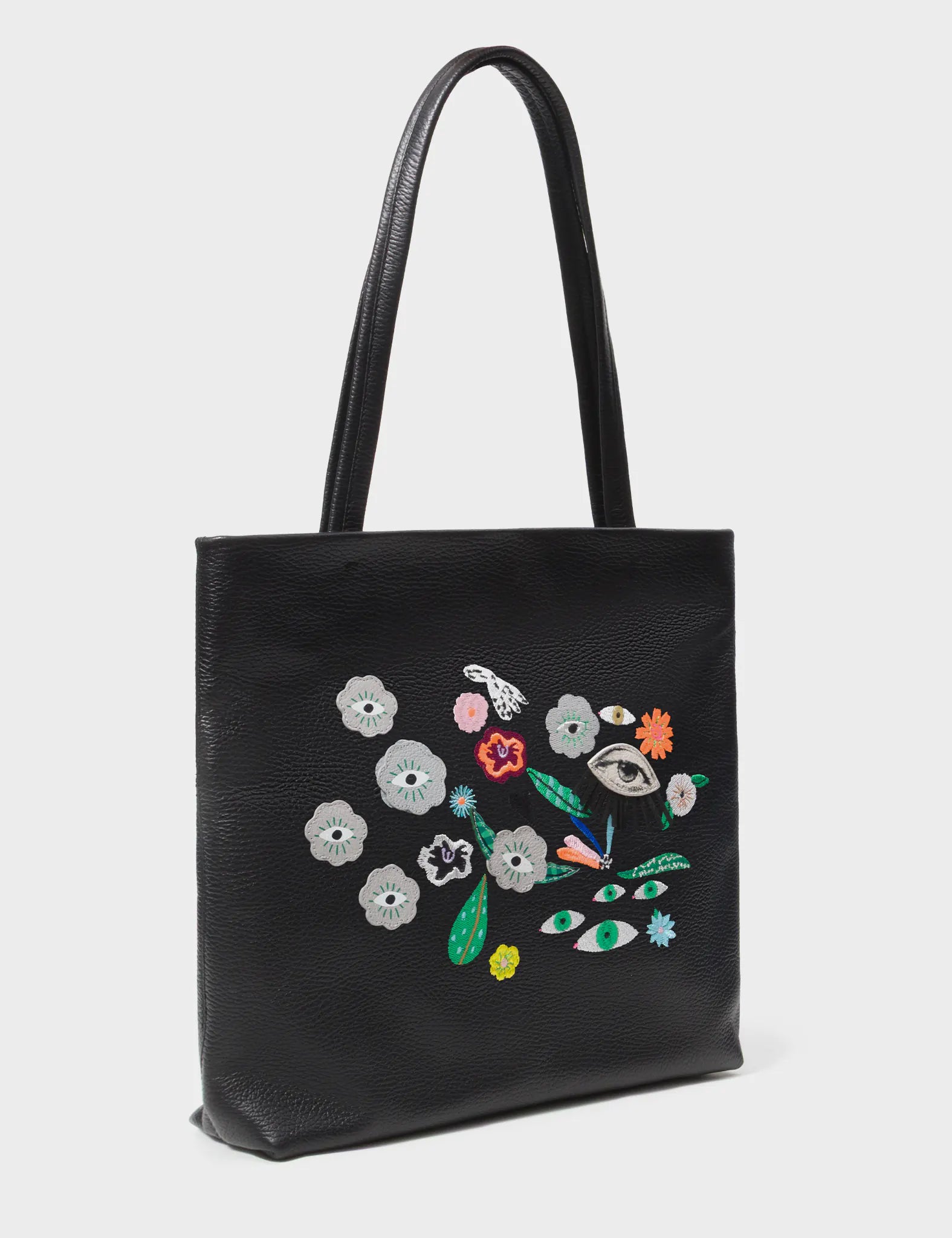 Matt Black Leather Tote Bag - Floralia Design - Main View