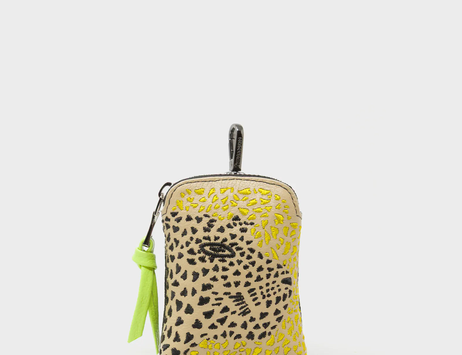 Florence Pouch Charm - Taos Taupe Leather Keychain Retro Tiger Embroidery - Front view