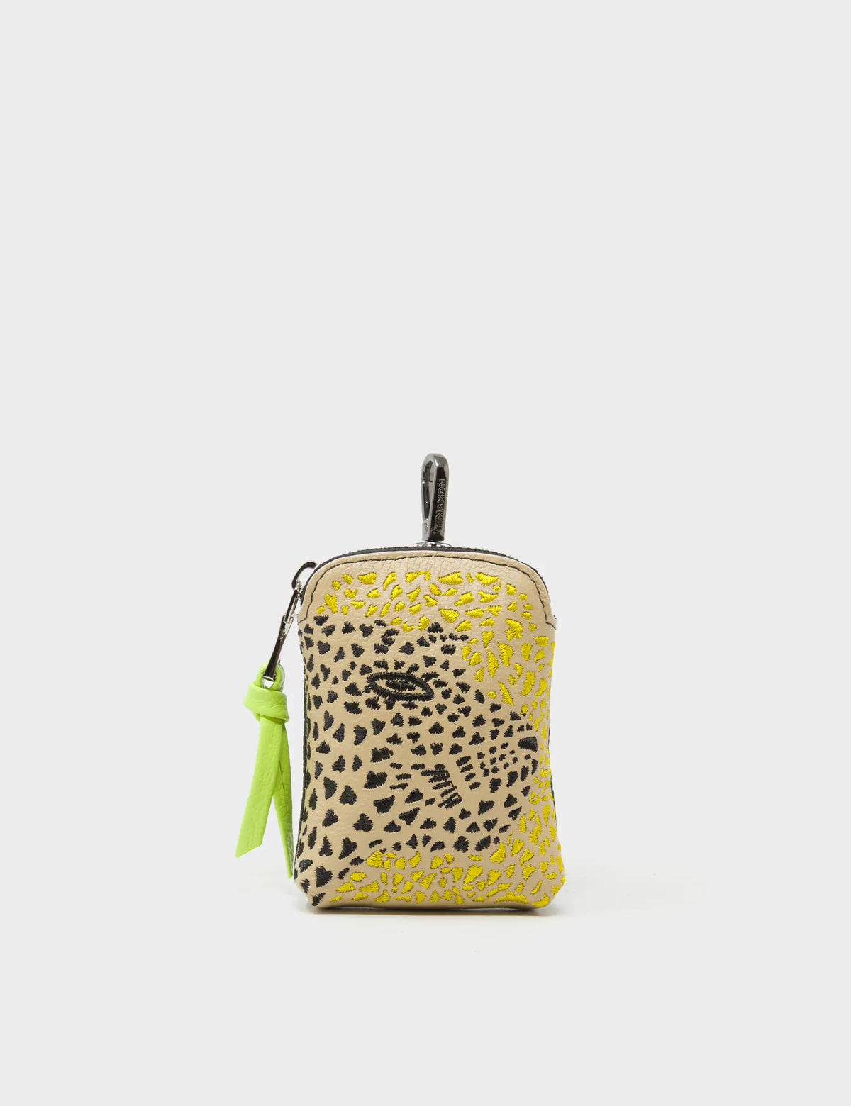 Florence Pouch Charm - Taos Taupe Leather Keychain Retro Tiger Embroidery - Front view