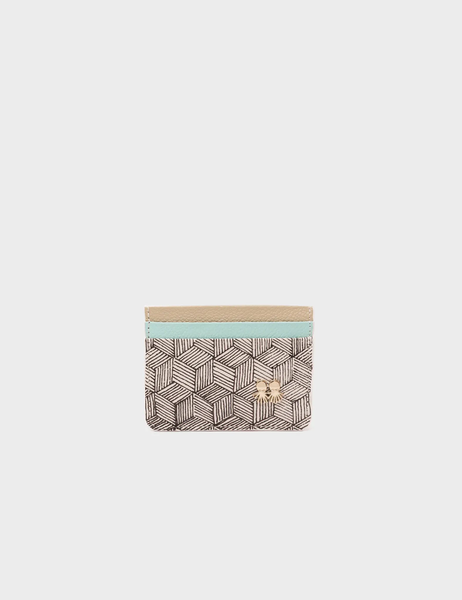 Filium Cream and Eggshell Blue Leather Cardholder - Cubes Print - FRONT