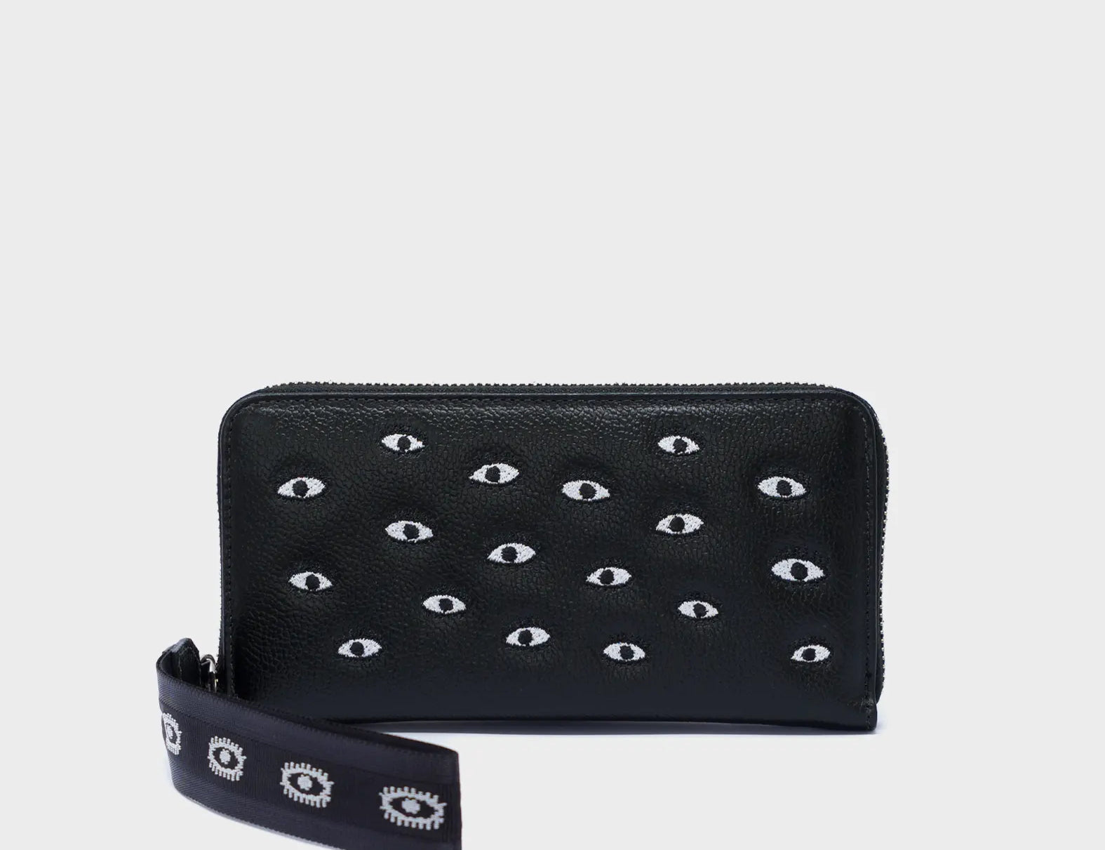 Francis Black Leather Wallet - All Over Eyes Embroidery - Front View