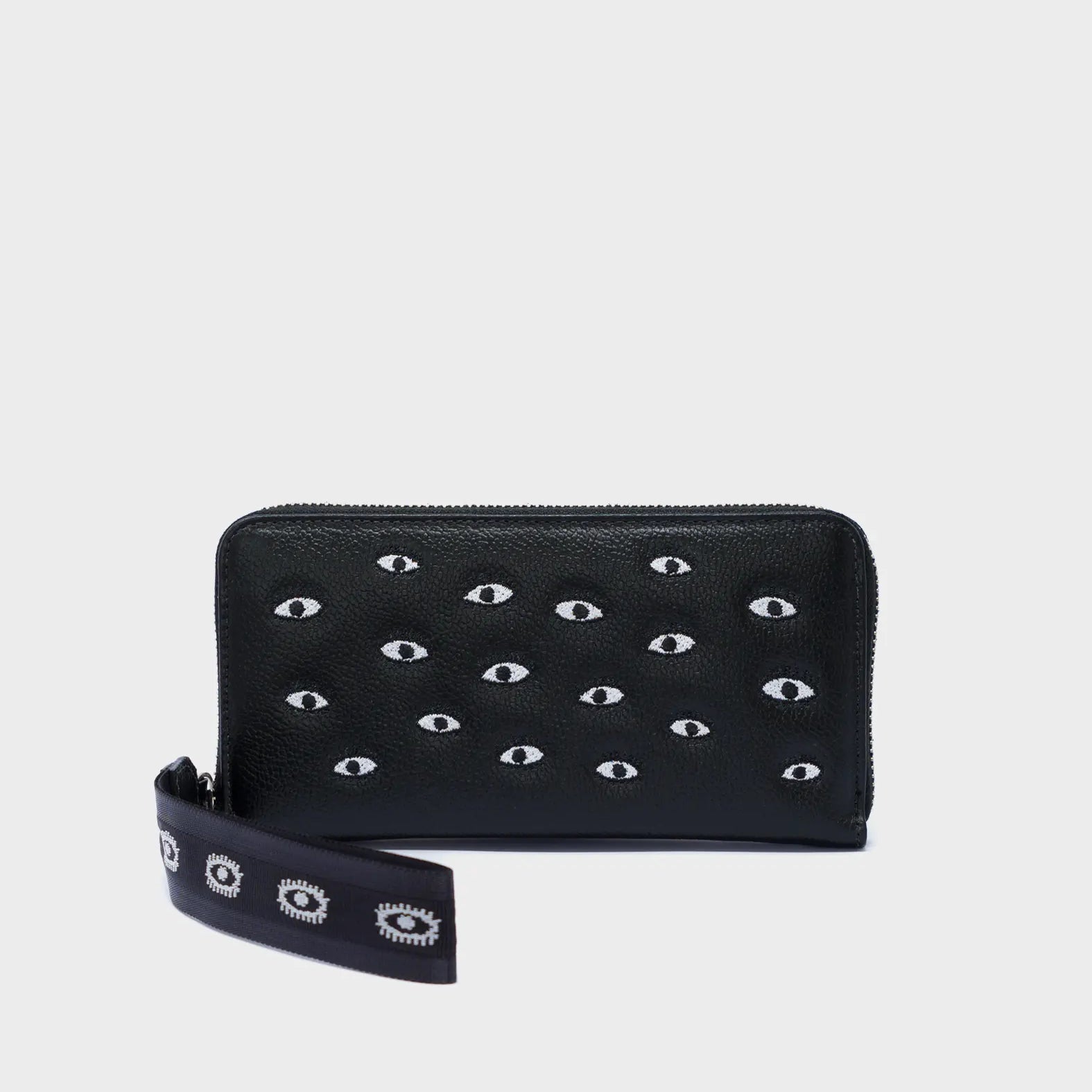 Francis Black Leather Wallet - All Over Eyes Embroidery - Front View