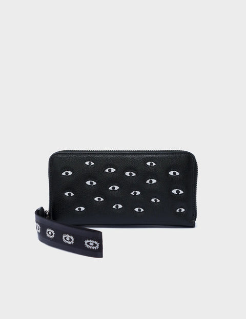 Fiona Wallet -Black and Cream Leather - All over Eyes  Min & Mon Fiona Cream Leather Wallet - Debossed All Over Eyes display picture 1