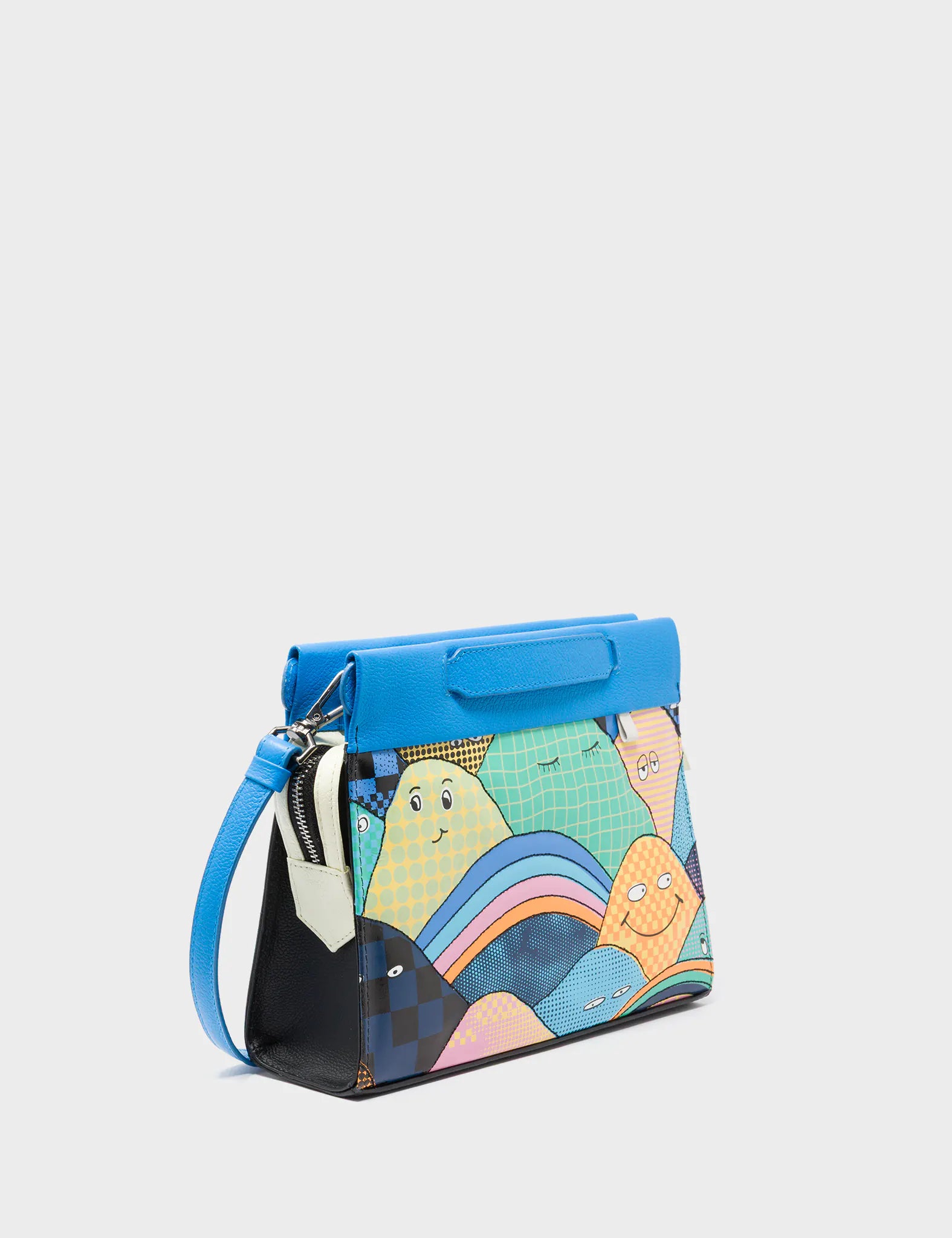 Vali Small Crossbody Ibiza Blue and Black Leather Bag - Happy Mountains Print - Main View