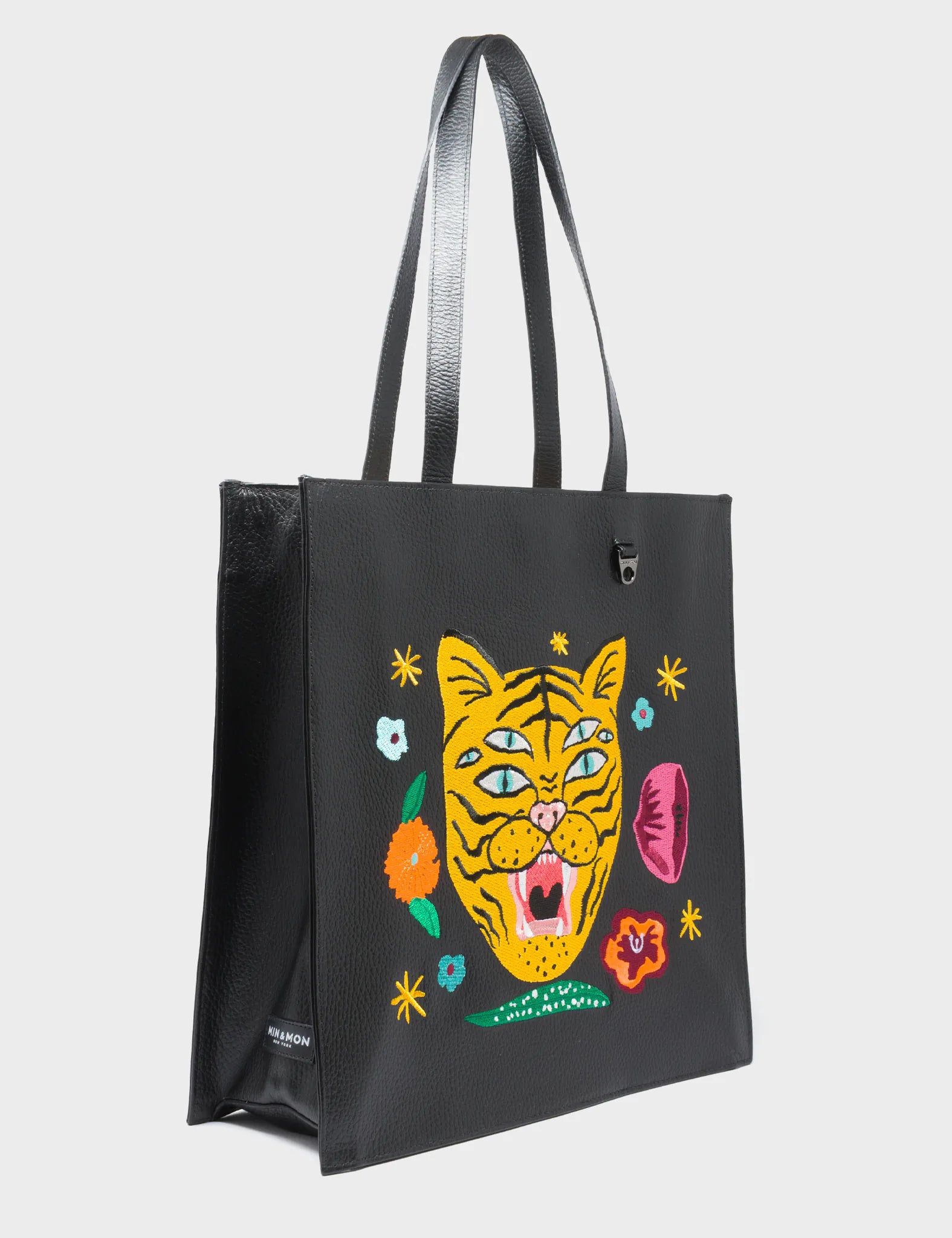 Marko Black Leather Tote Bag - Tiger and Flowers Embroidery - Main View