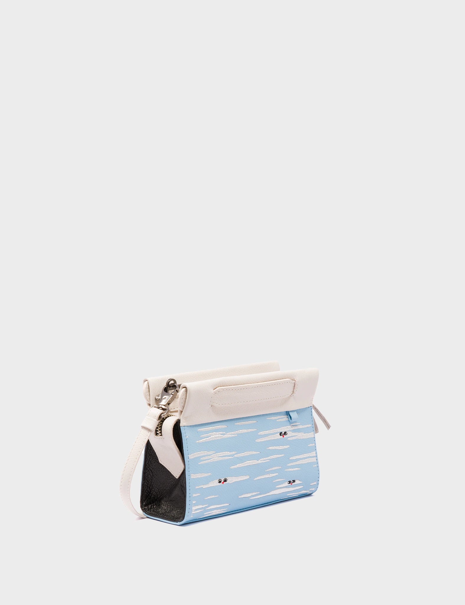 Crossbody Micro Blue Leather Bag - Clouds Embroidery
