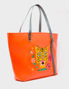 Bruno Vermillion Leather Tote Bag - Tiger and Flowers Embroidery